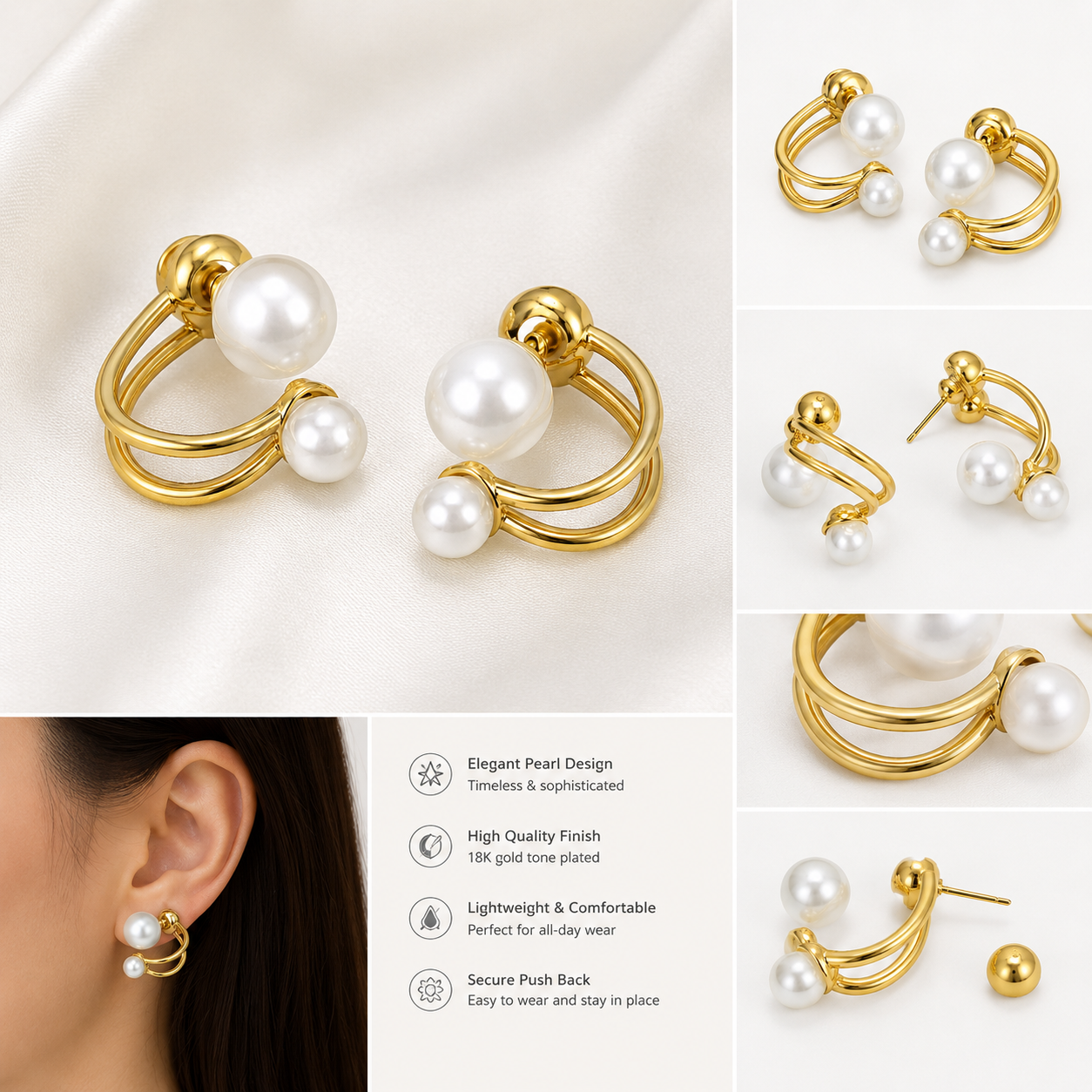 Elegant Double Pearl Gold Stud Earrings