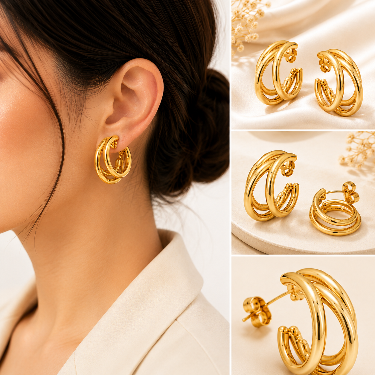 Elegant Triple Hoop Gold-Plated Stud Earrings for Women