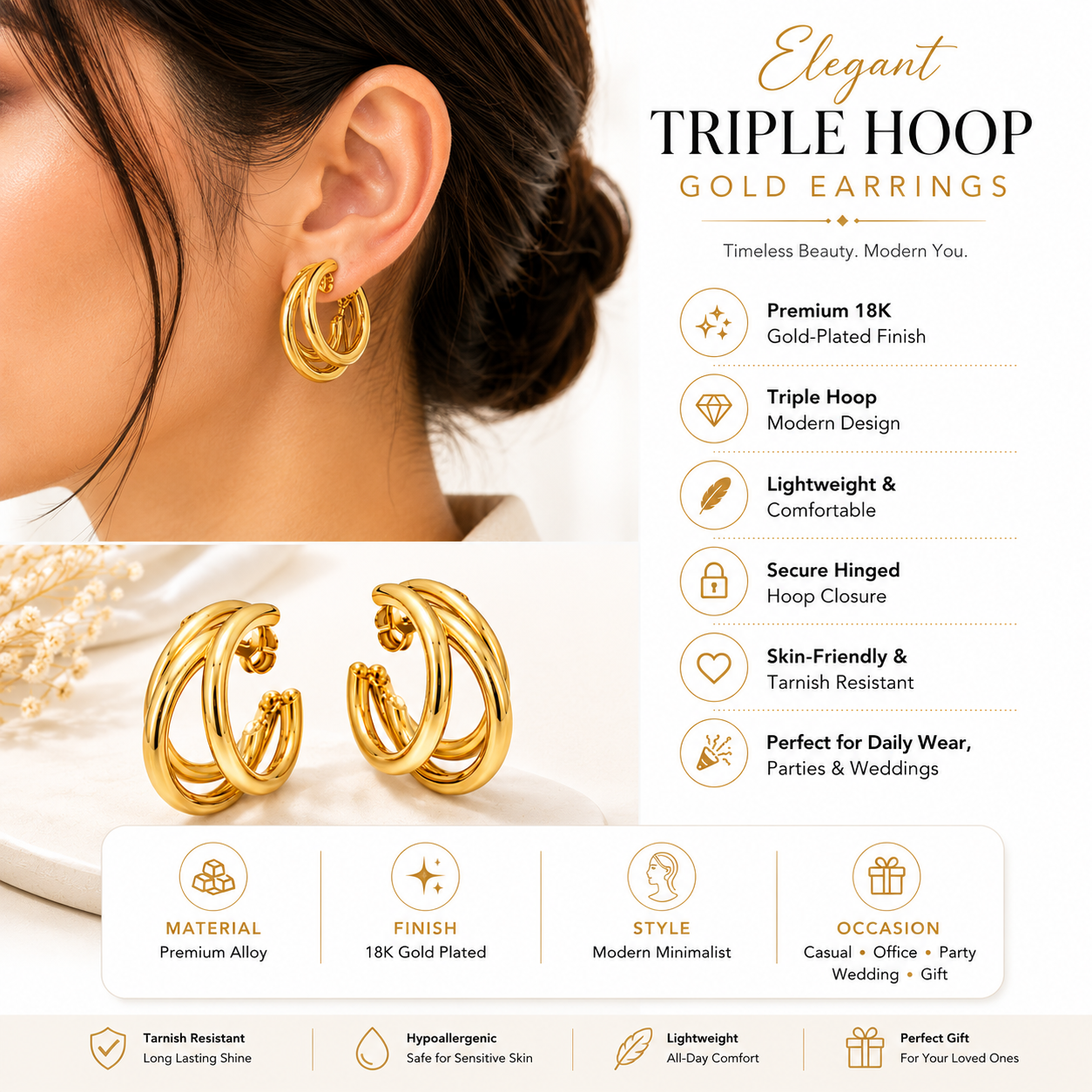 Elegant Triple Hoop Gold-Plated Stud Earrings for Women