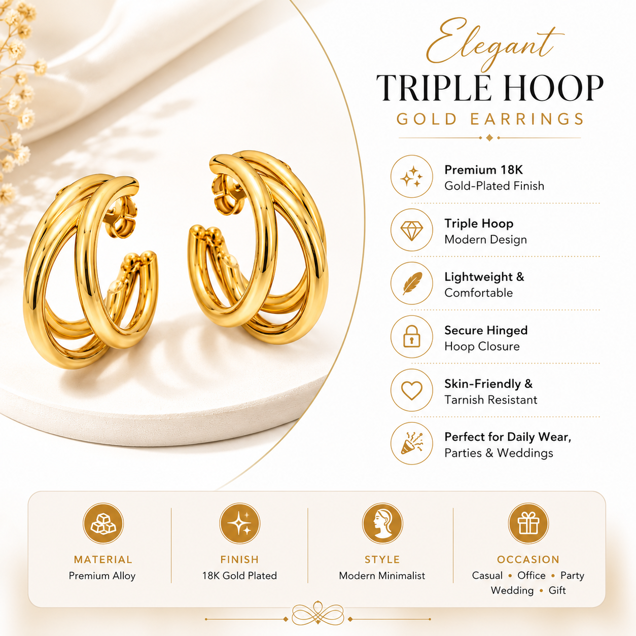 Elegant Triple Hoop Gold-Plated Stud Earrings for Women