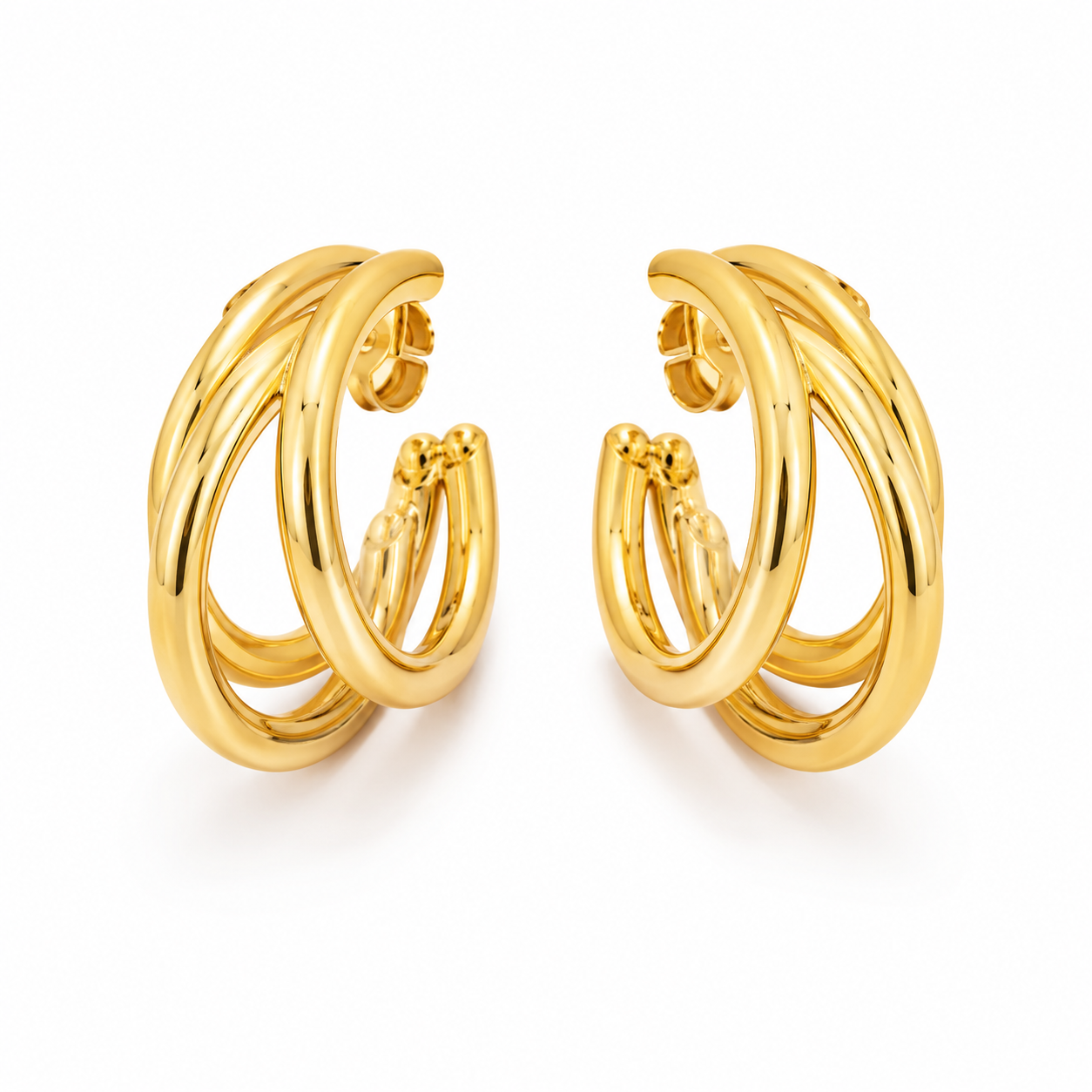 Elegant Triple Hoop Gold-Plated Stud Earrings for Women