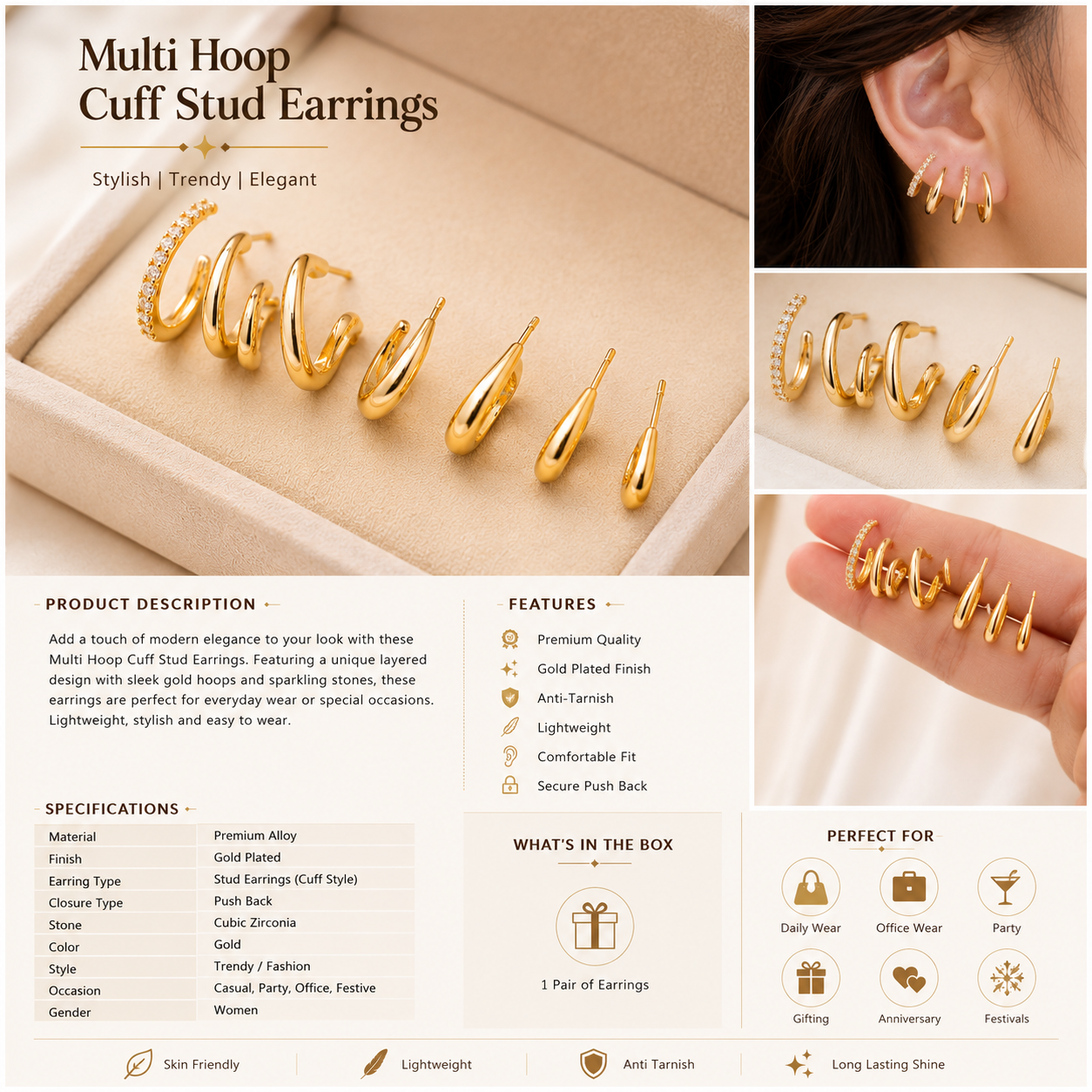 Elegant Multi Hoop Gold-Plated Cuff Stud Earrings for Women