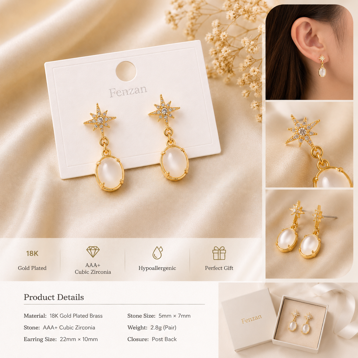 Elegant Starburst Moonstone Drop Earrings for Women