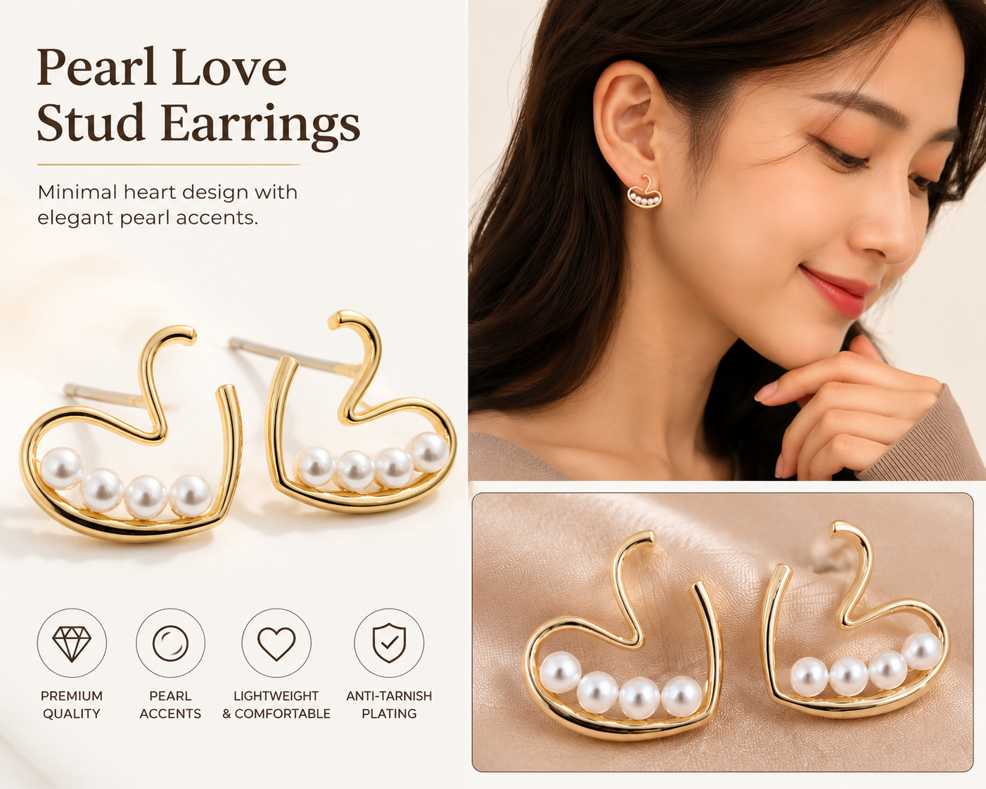 Elegant Pearl Wave Gold-Plated Stud Earrings for Women