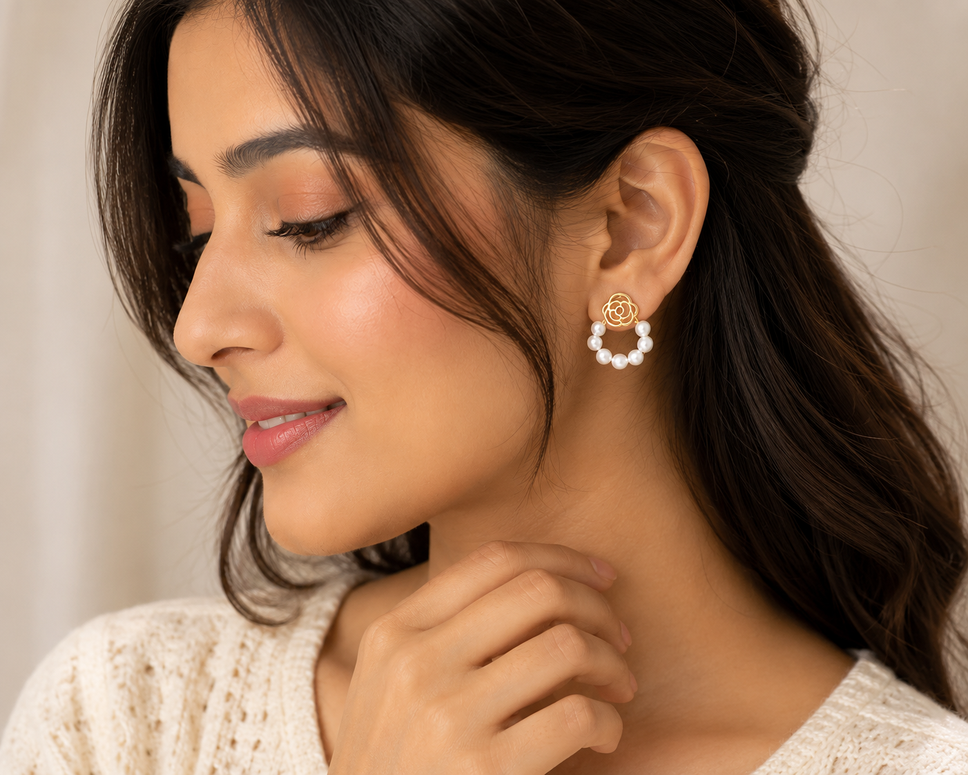 Elegant Floral Pearl Hoop Stud Earrings for Women