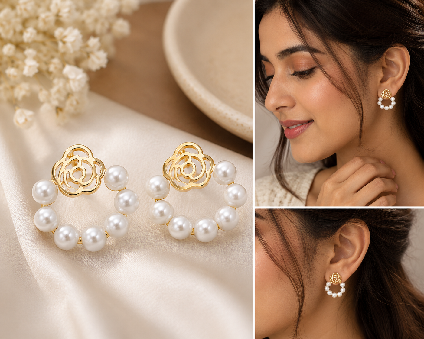 Elegant Floral Pearl Hoop Stud Earrings for Women