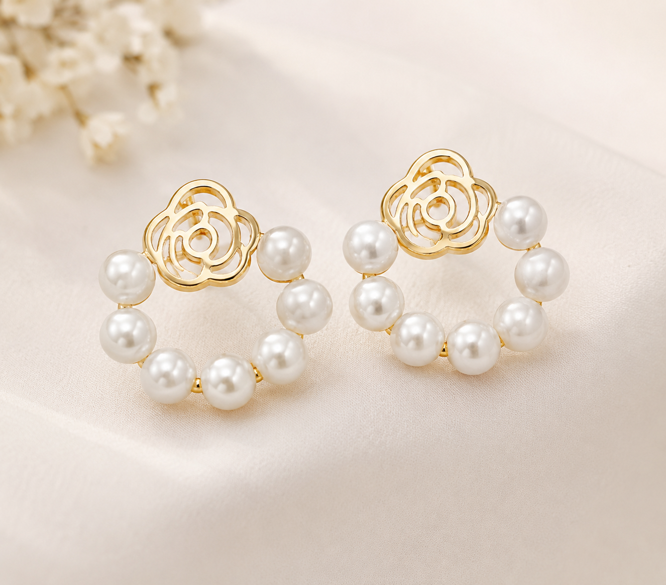 Elegant Floral Pearl Hoop Stud Earrings for Women