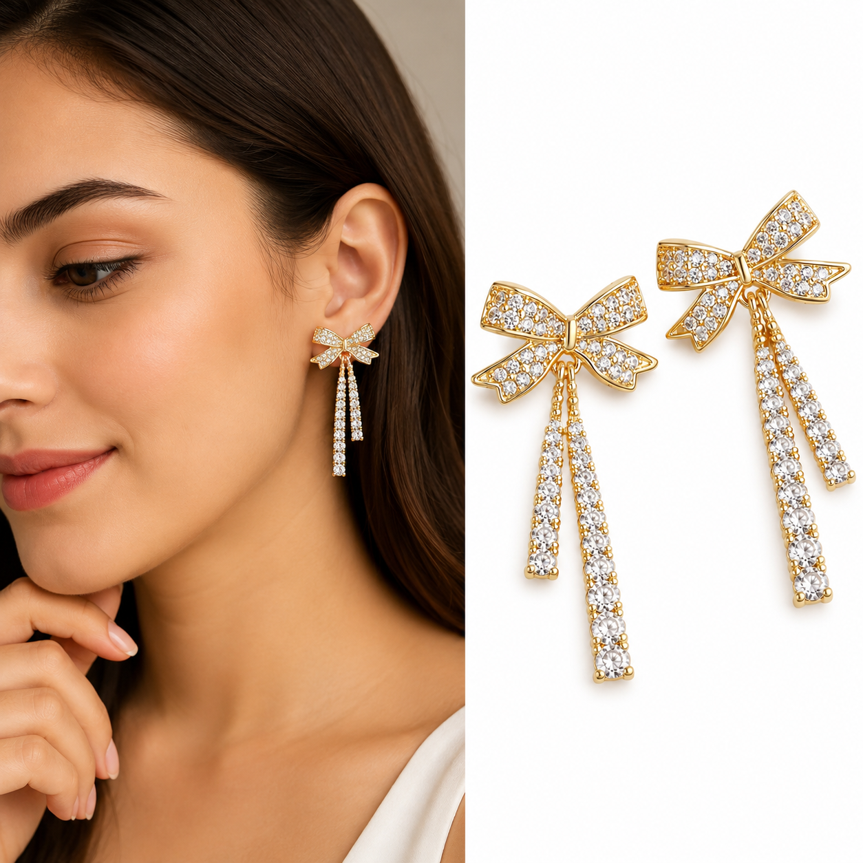 Elegant Crystal Bow Tassel Drop Earrings for Women