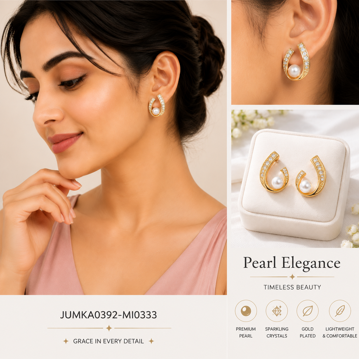 Elegant Pearl Curve Gold-Plated Stud Earrings for Women