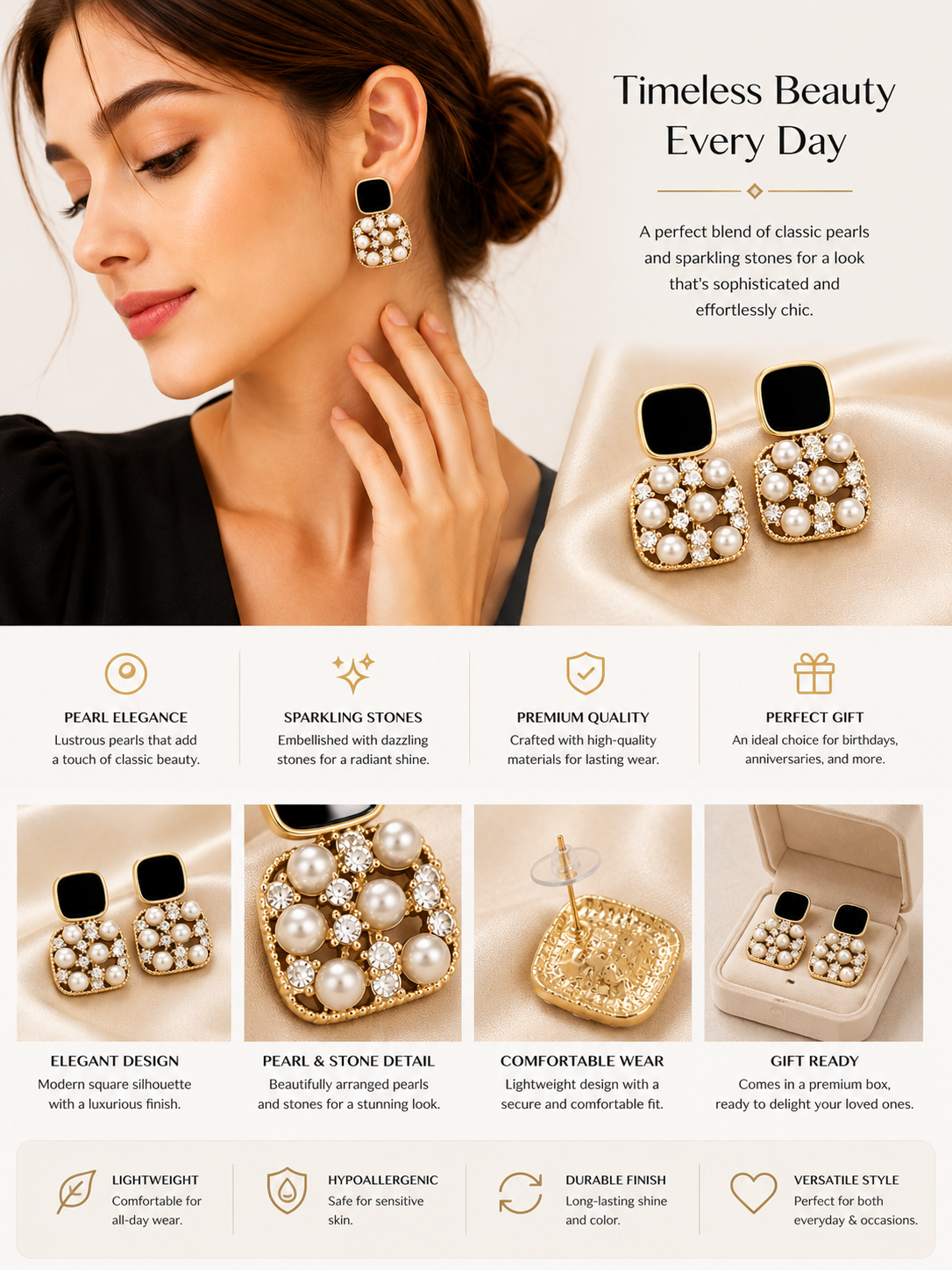 Elegant Black Enamel Pearl Gold-Plated Stud Earrings for Women