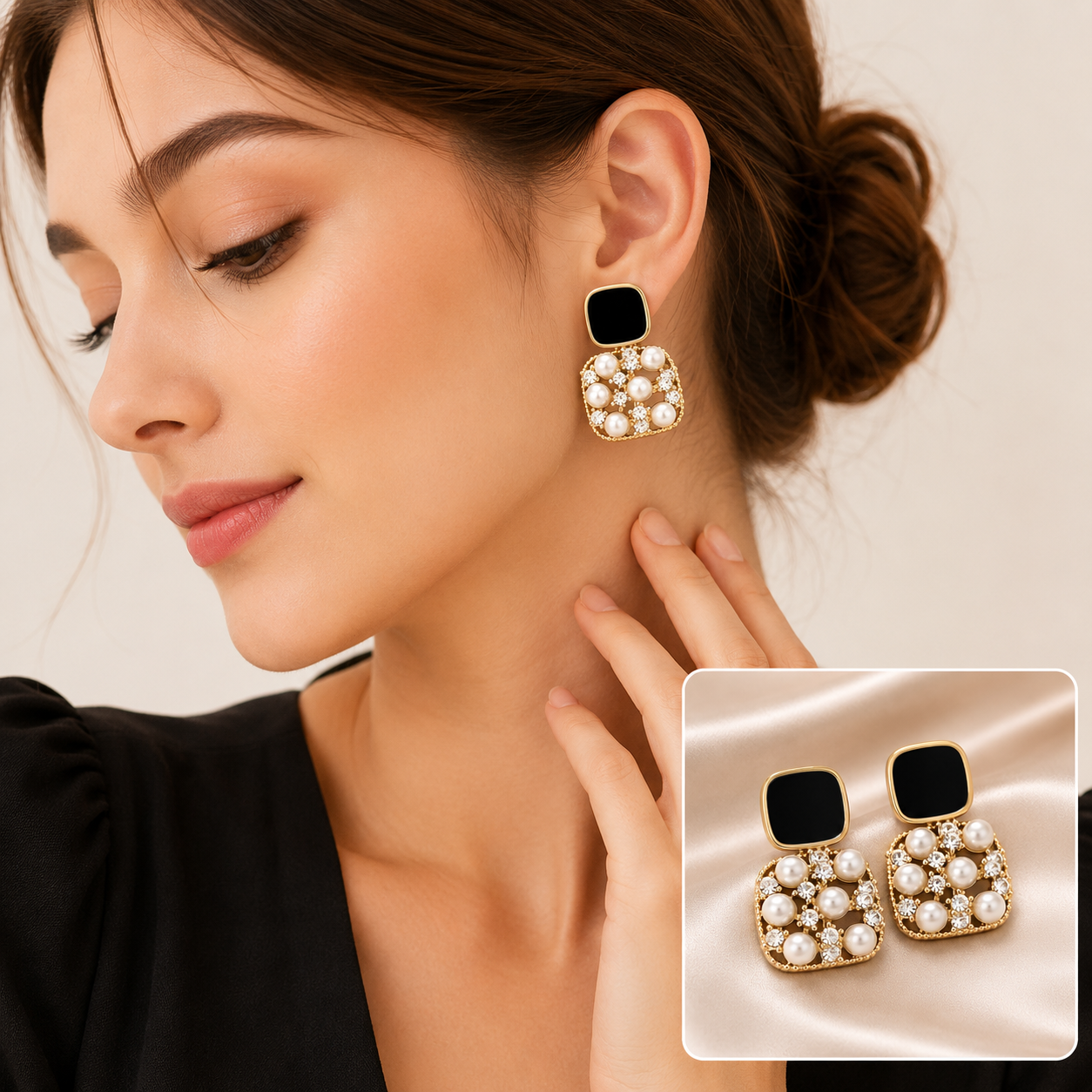 Elegant Black Enamel Pearl Gold-Plated Stud Earrings for Women