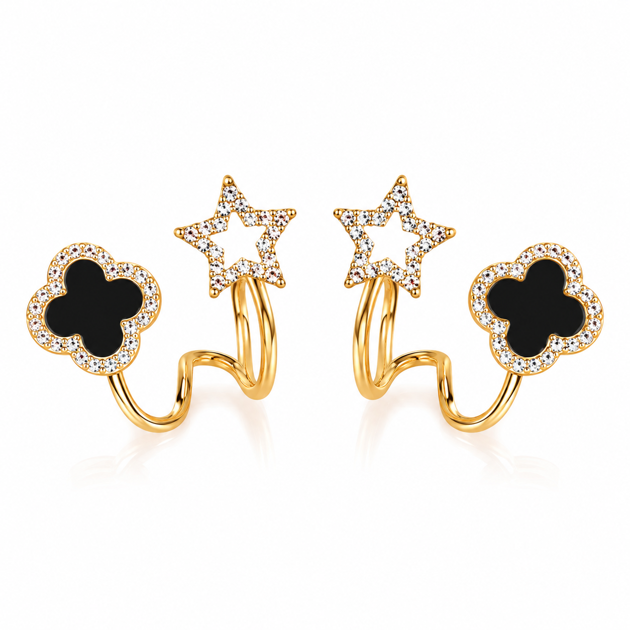 Elegant Black Clover & Star Dual Hoop Earrings for Women