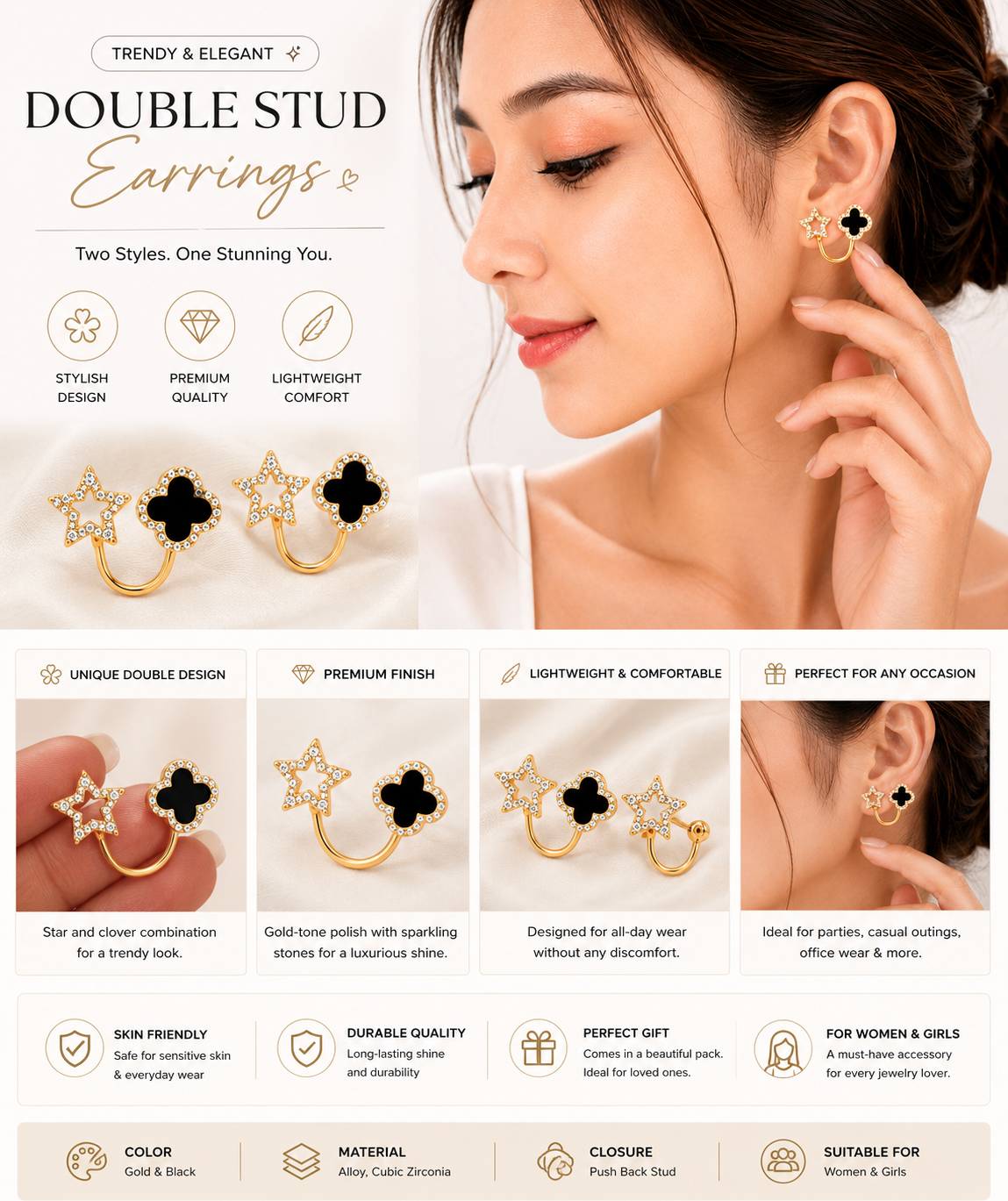 Elegant Black Clover & Star Dual Hoop Earrings for Women