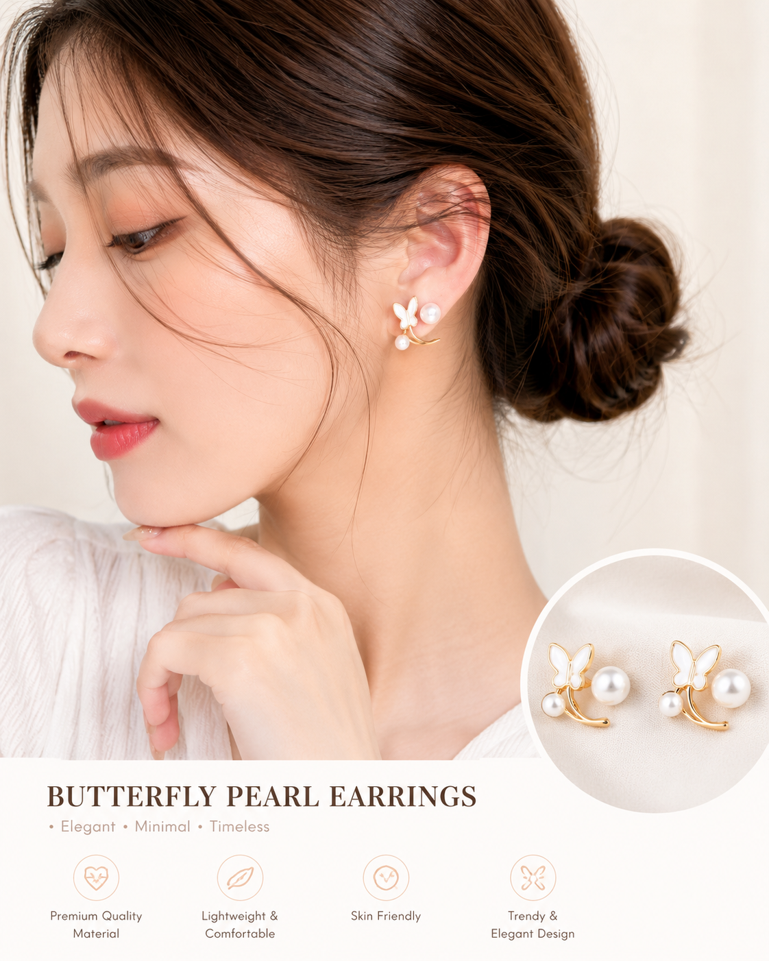 Elegant Butterfly Pearl Gold-Plated Ear Cuff Earrings for Women & Girls