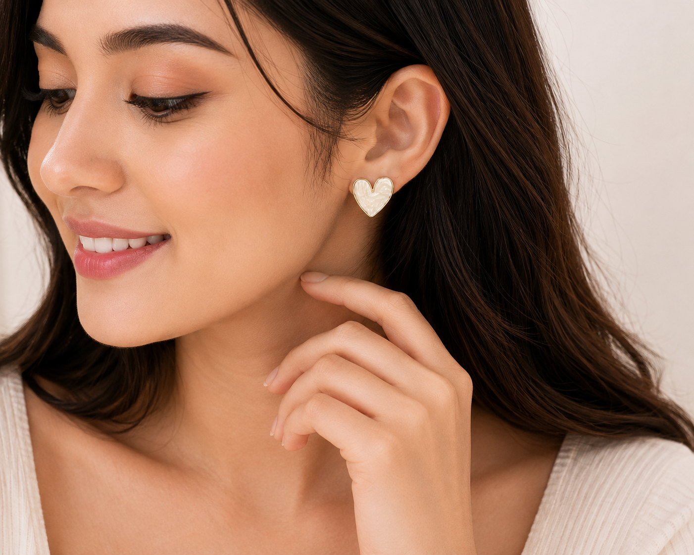 Elegant Double Heart Mother-of-Pearl Gold-Plated Stud Earrings for Women