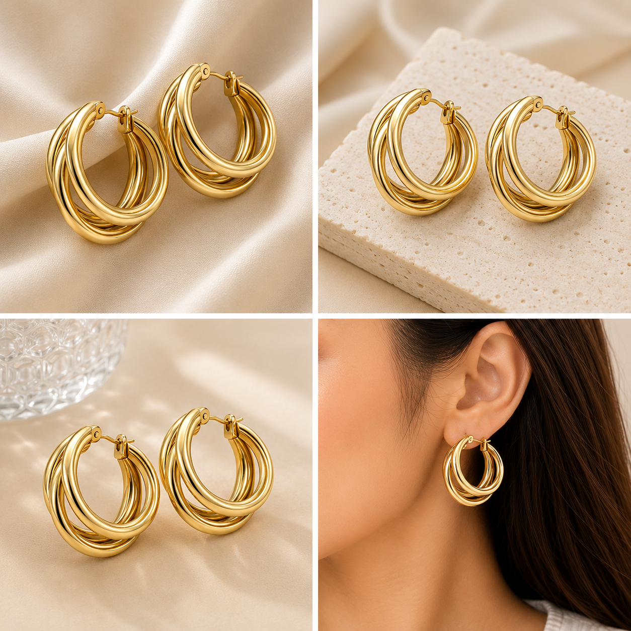 Modern Triple Hoop Gold-Plated Statement Earrings for Women