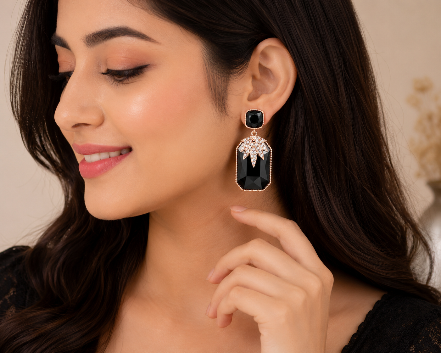 Luxury Black Crystal Gold-Plated Drop Earrings for Women