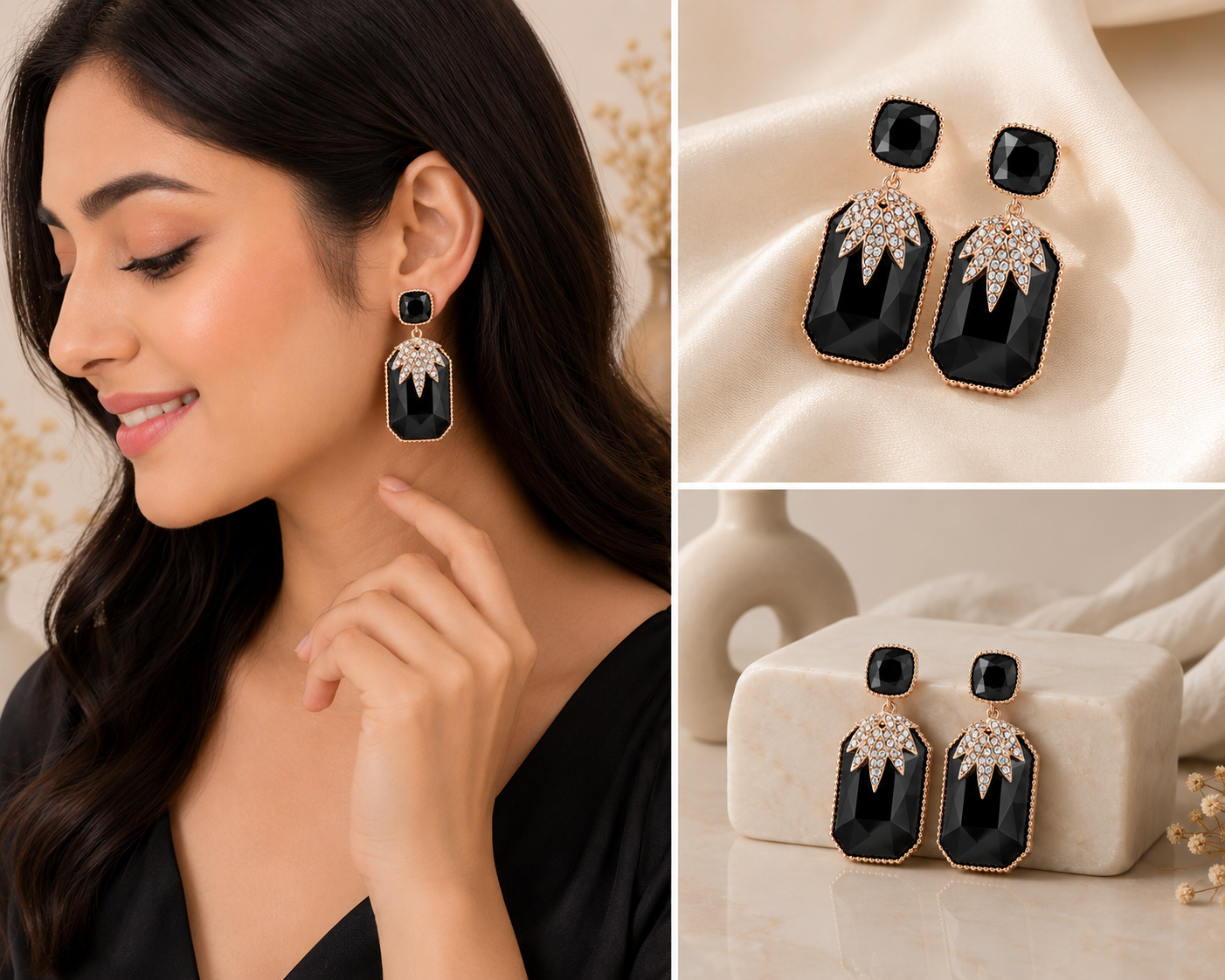 Luxury Black Crystal Gold-Plated Drop Earrings for Women