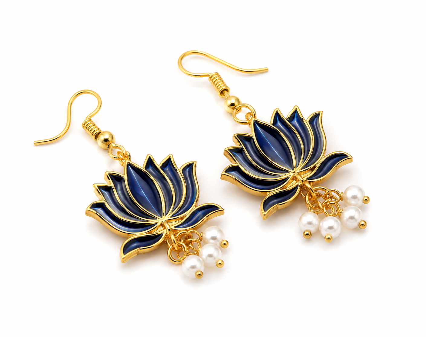 Royal Blue Lotus Gold-Plated Drop Earrings for Women