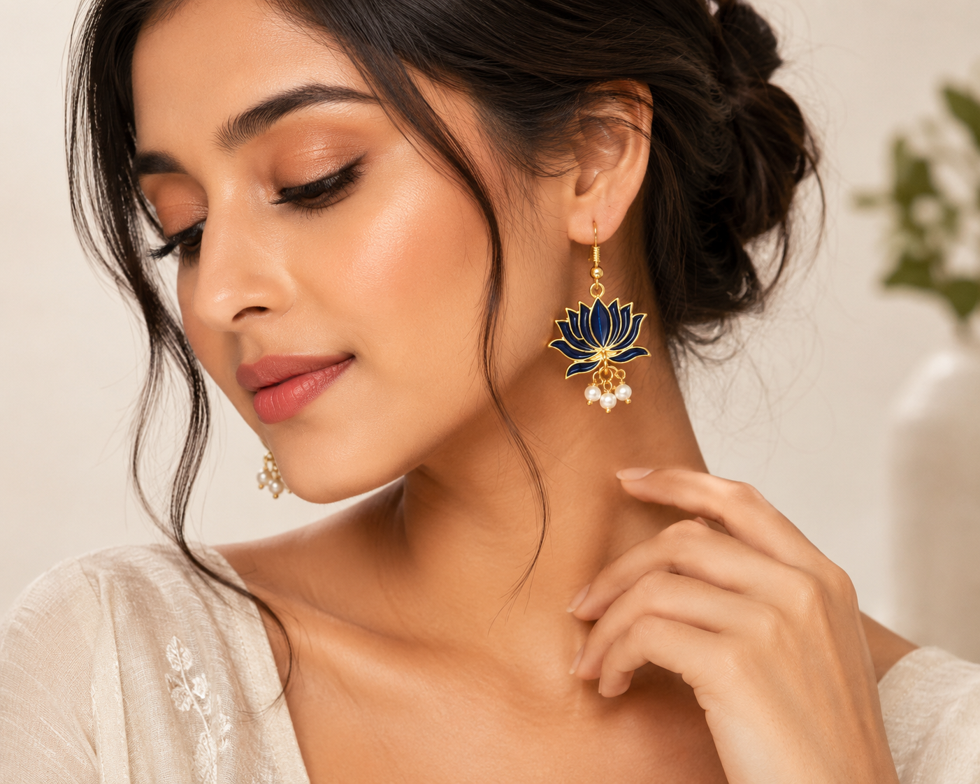 Royal Blue Lotus Gold-Plated Drop Earrings for Women