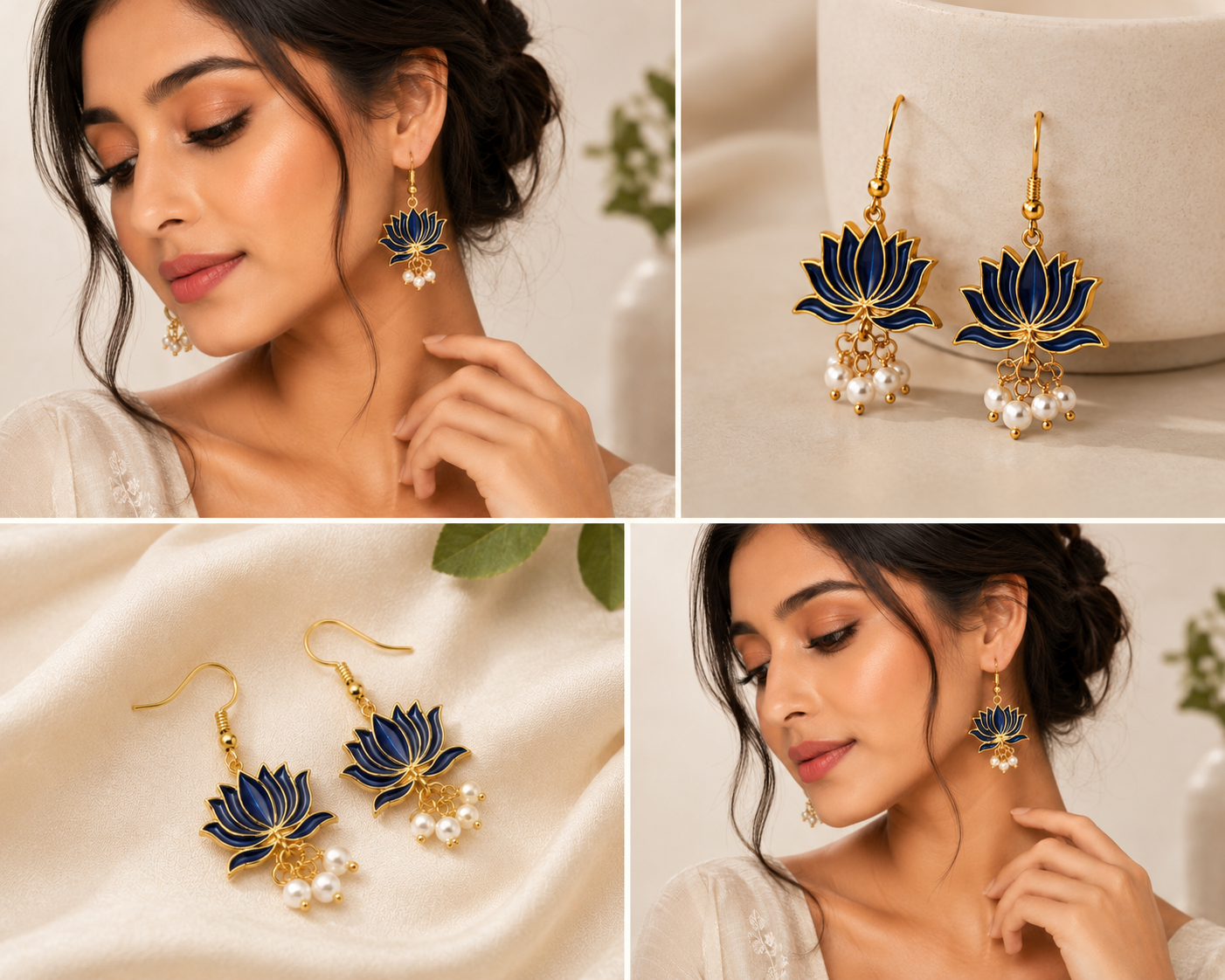 Royal Blue Lotus Gold-Plated Drop Earrings for Women