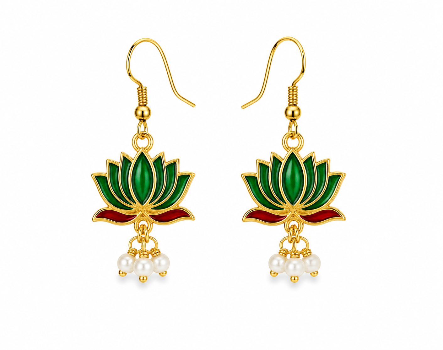 Green Lotus Enamel Gold-Plated Pearl Drop Earrings for Women