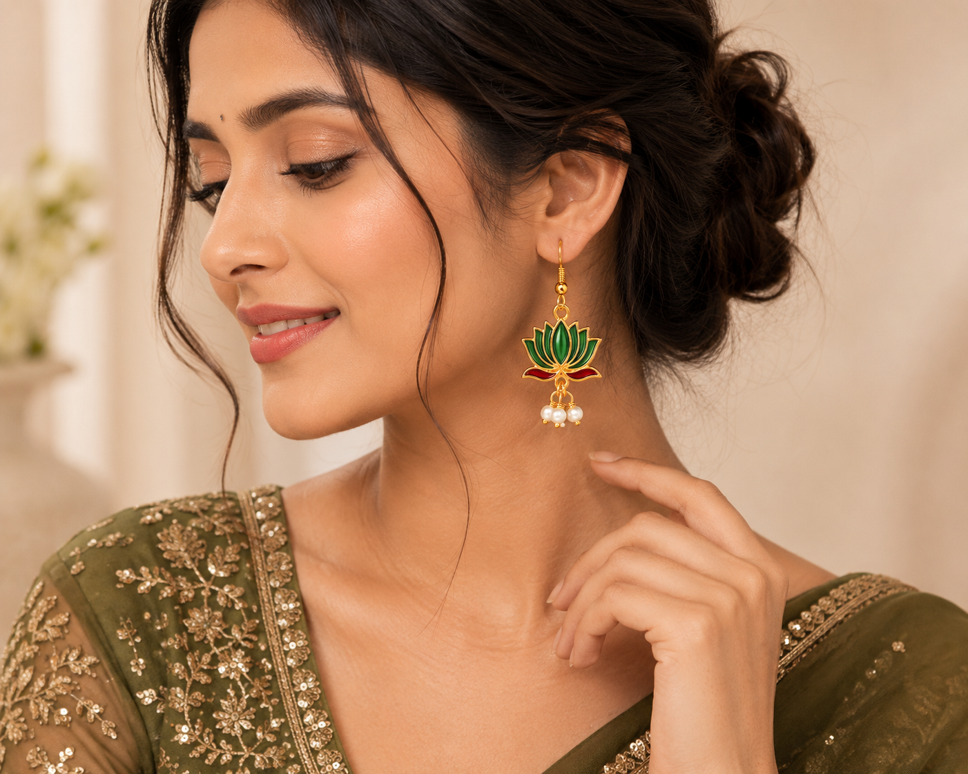 Green Lotus Enamel Gold-Plated Pearl Drop Earrings for Women