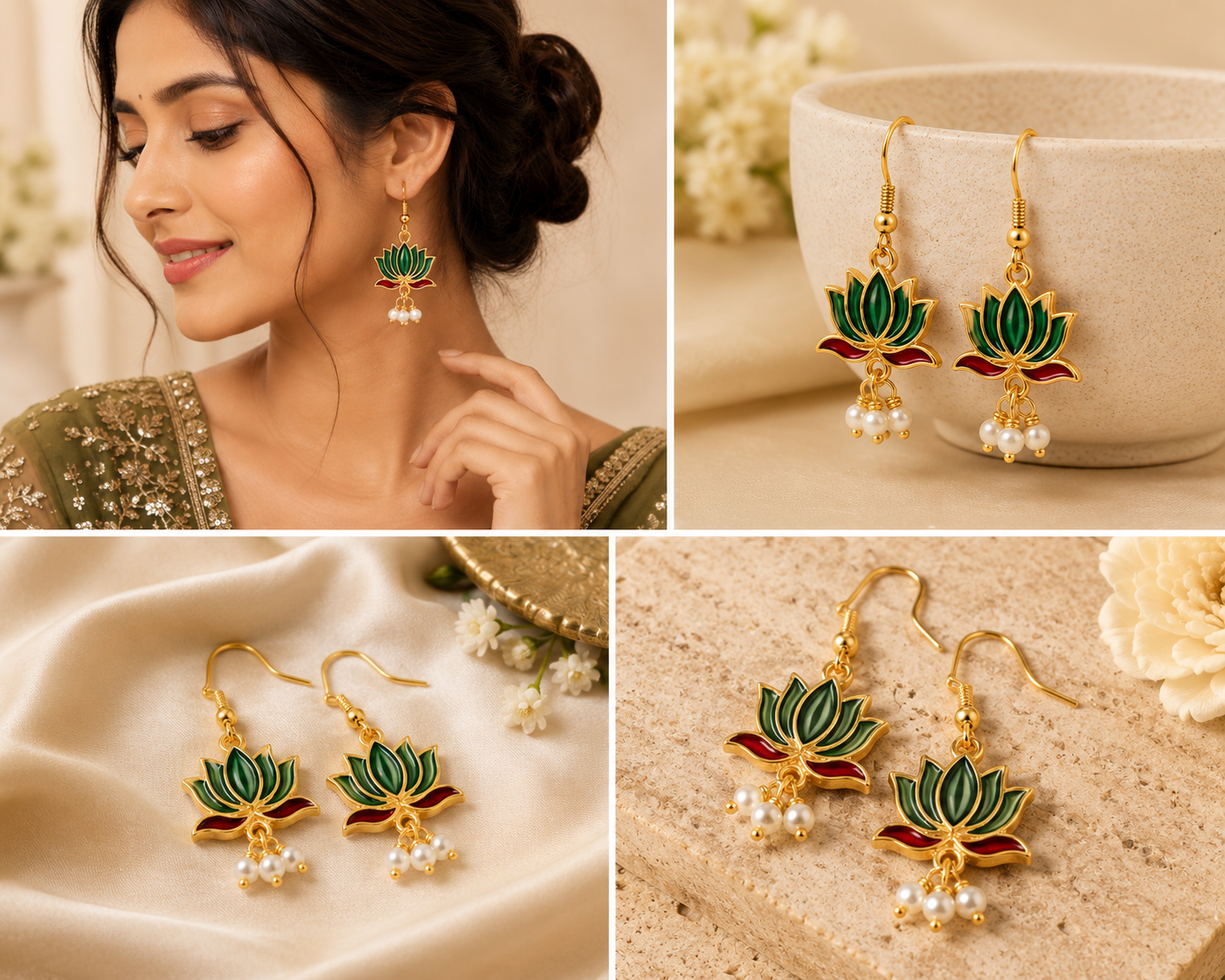 Green Lotus Enamel Gold-Plated Pearl Drop Earrings for Women