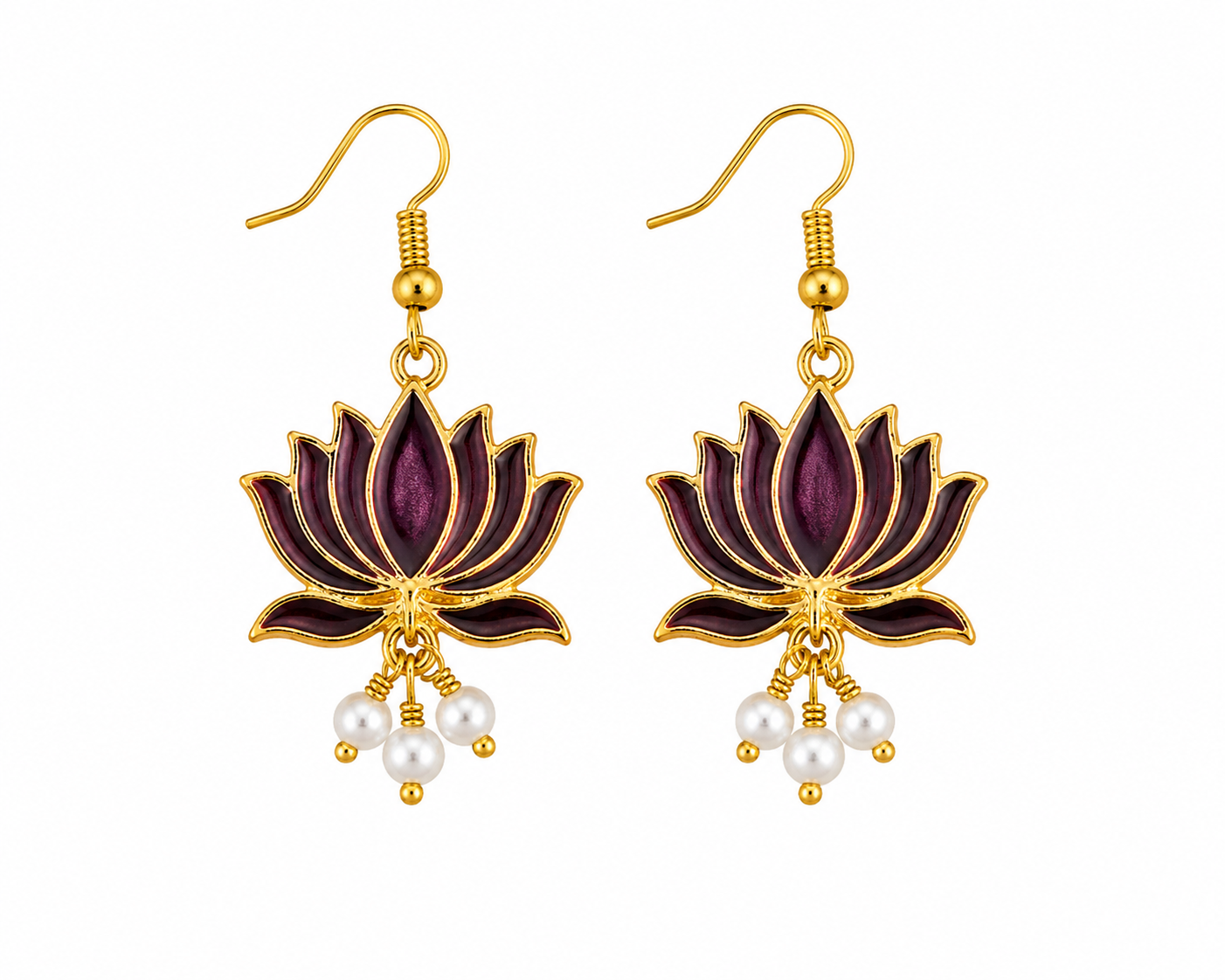 Purple Lotus Enamel Gold-Plated Pearl Drop Earrings for Women