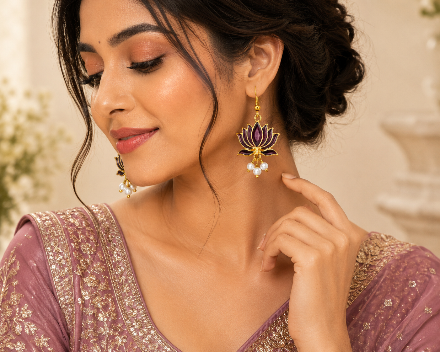 Purple Lotus Enamel Gold-Plated Pearl Drop Earrings for Women