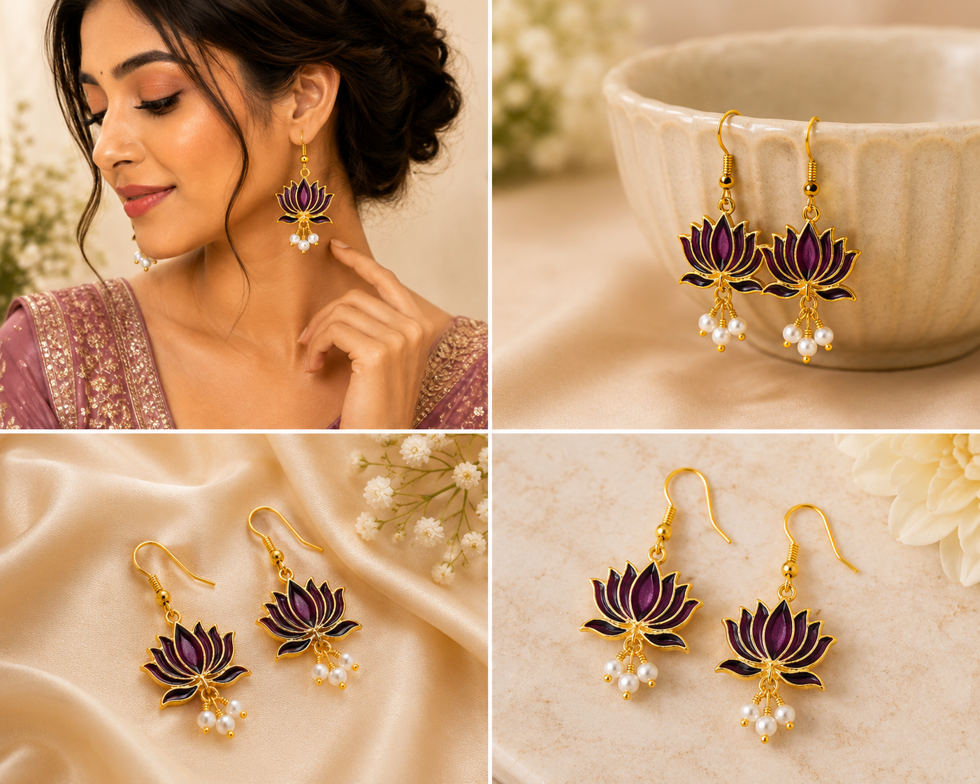 Purple Lotus Enamel Gold-Plated Pearl Drop Earrings for Women