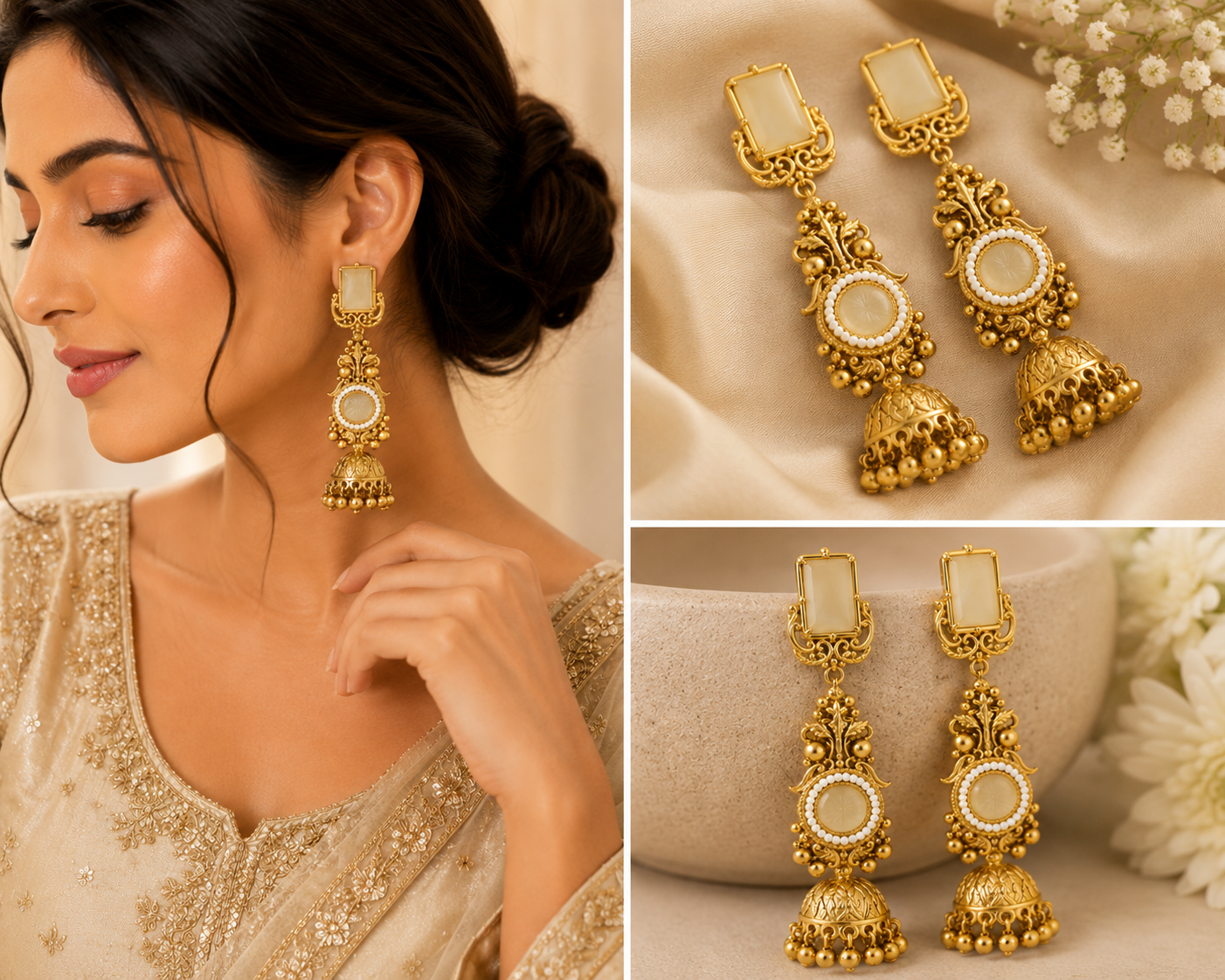 Vintage Temple Pearl Jhumka Gold-Plated Drop Earrings for Women