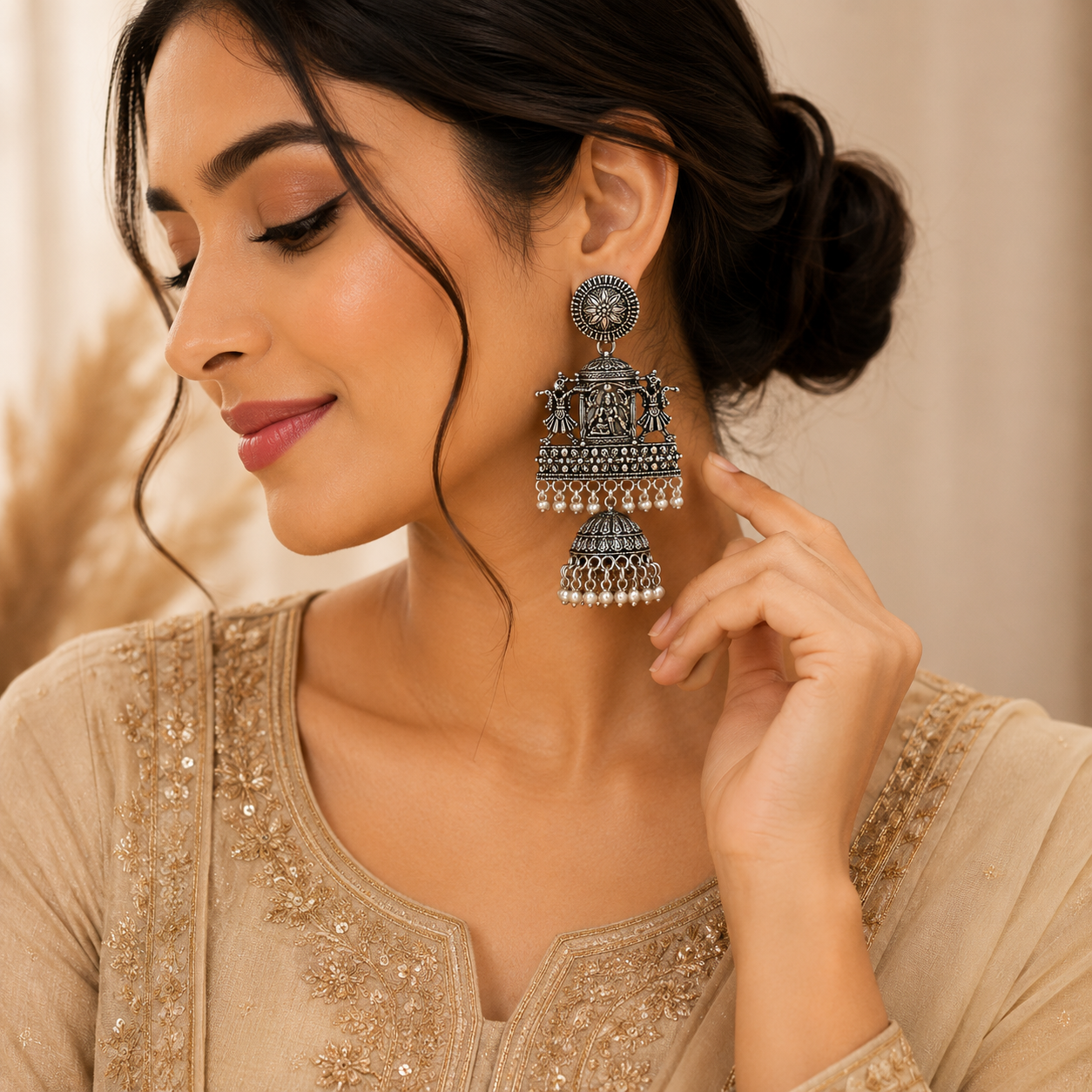 Oxidised Silver Temple Jhumka Earrings for Women