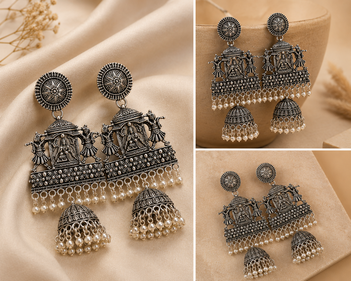 Oxidised Silver Temple Jhumka Earrings for Women