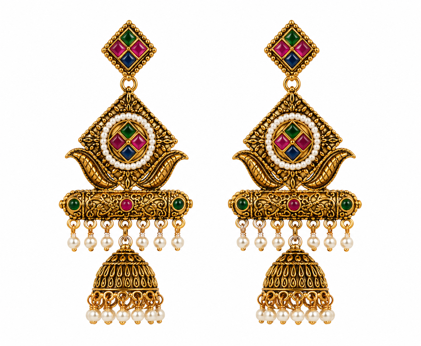 Traditional Kundan Meenakari Jhumka Earrings with Pearl Drops for Women