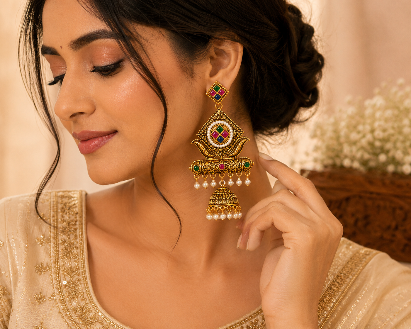 Traditional Kundan Meenakari Jhumka Earrings with Pearl Drops for Women