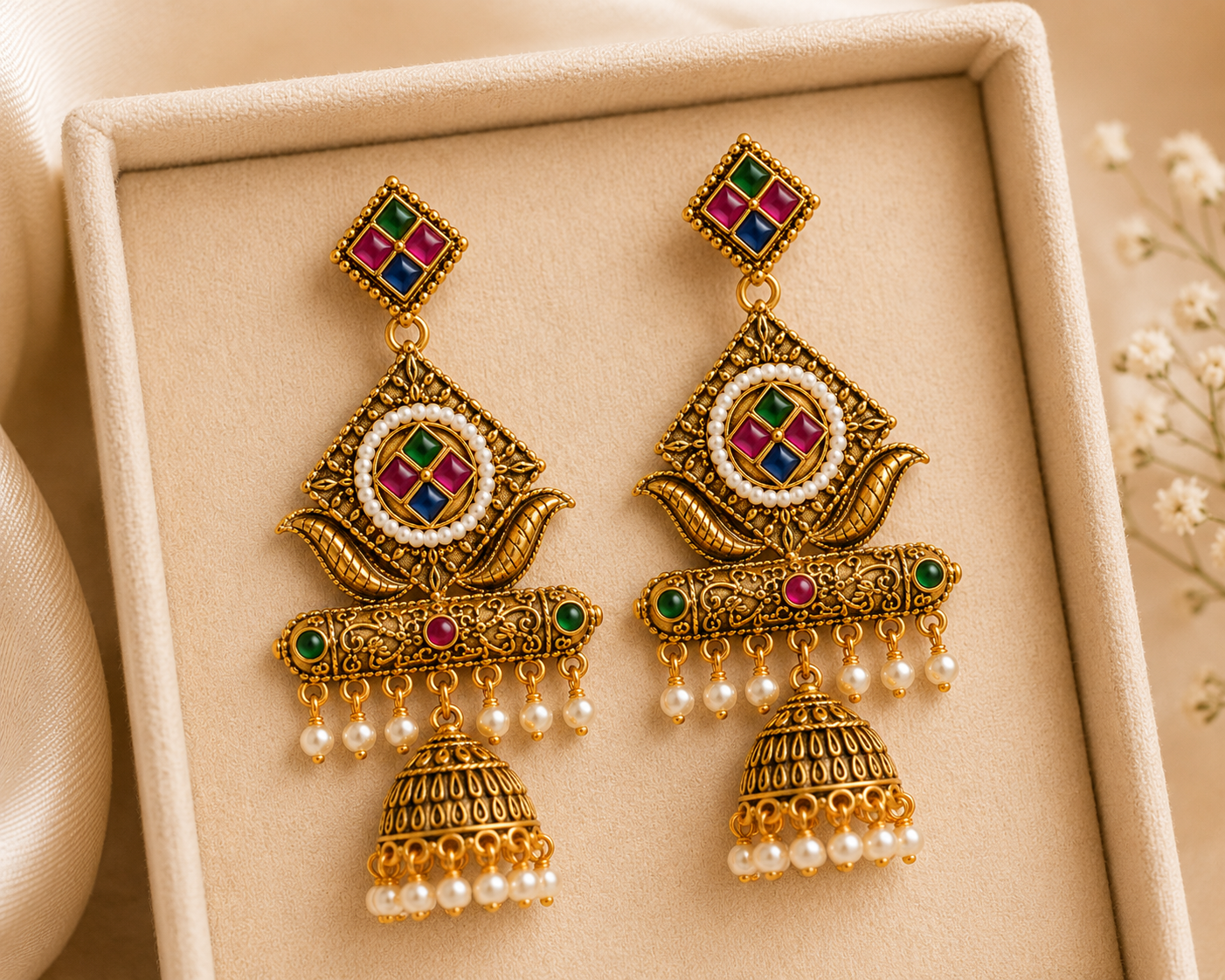 Traditional Kundan Meenakari Jhumka Earrings with Pearl Drops for Women