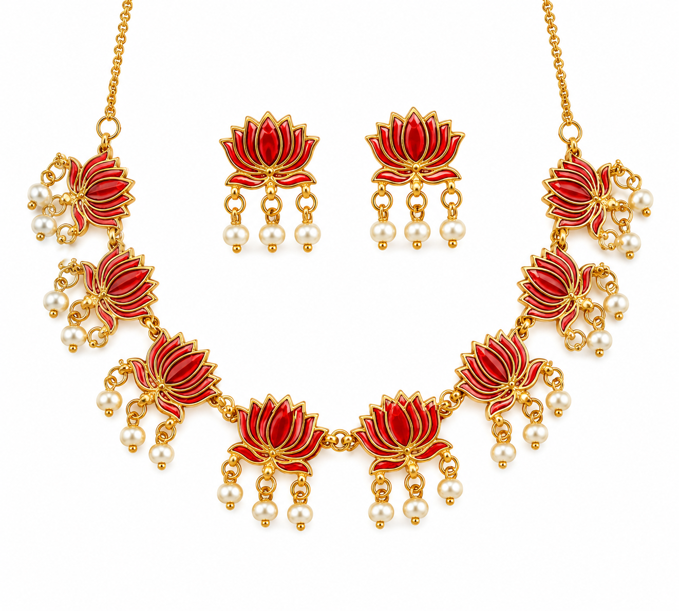 Women's Traditional Lotus Design Necklace Set with Matching Earrings | Gold Plated Red Enamel Temple Jewelry | Pearl Drop Ethnic Jewelry