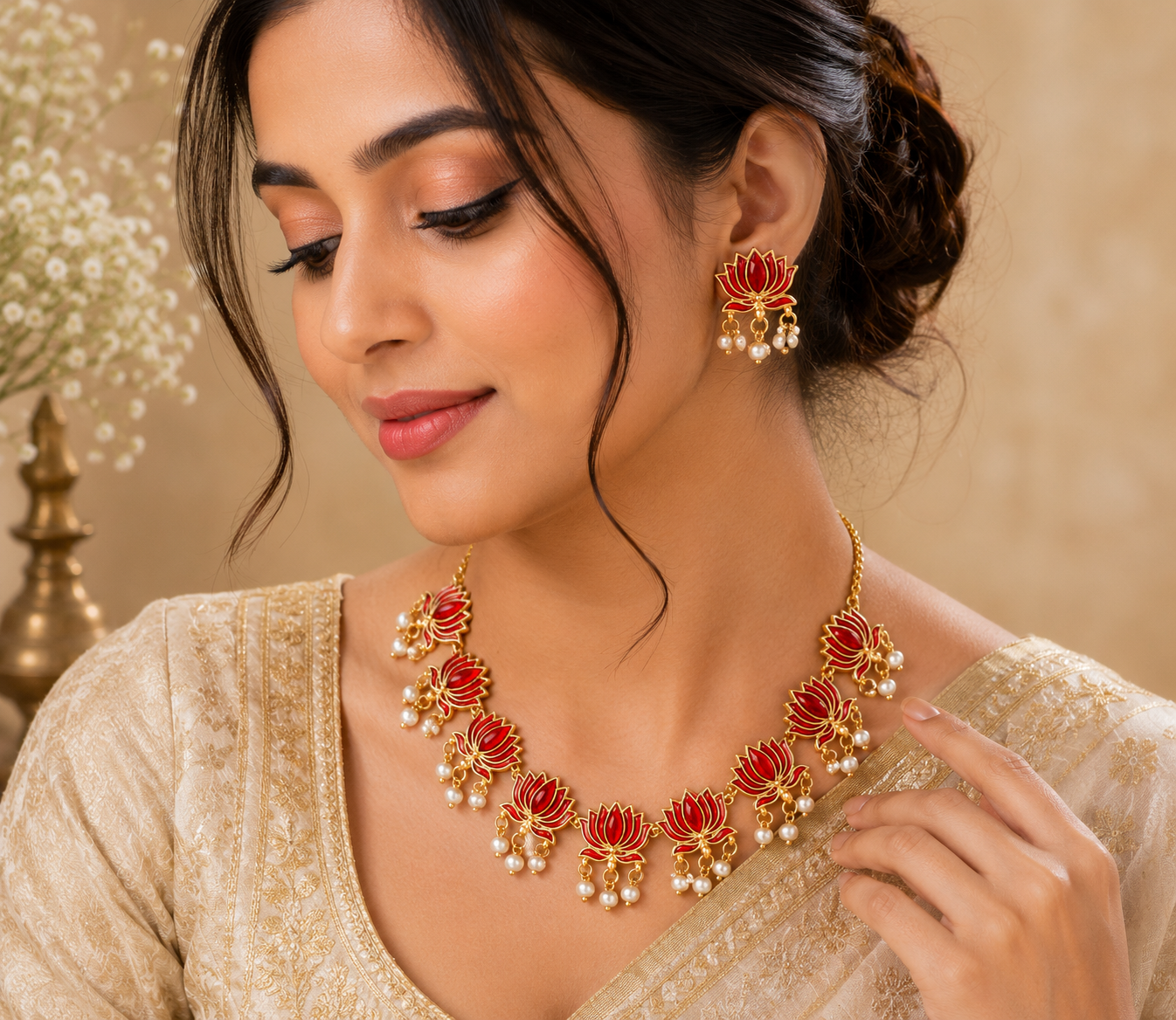Women's Traditional Lotus Design Necklace Set with Matching Earrings | Gold Plated Red Enamel Temple Jewelry | Pearl Drop Ethnic Jewelry