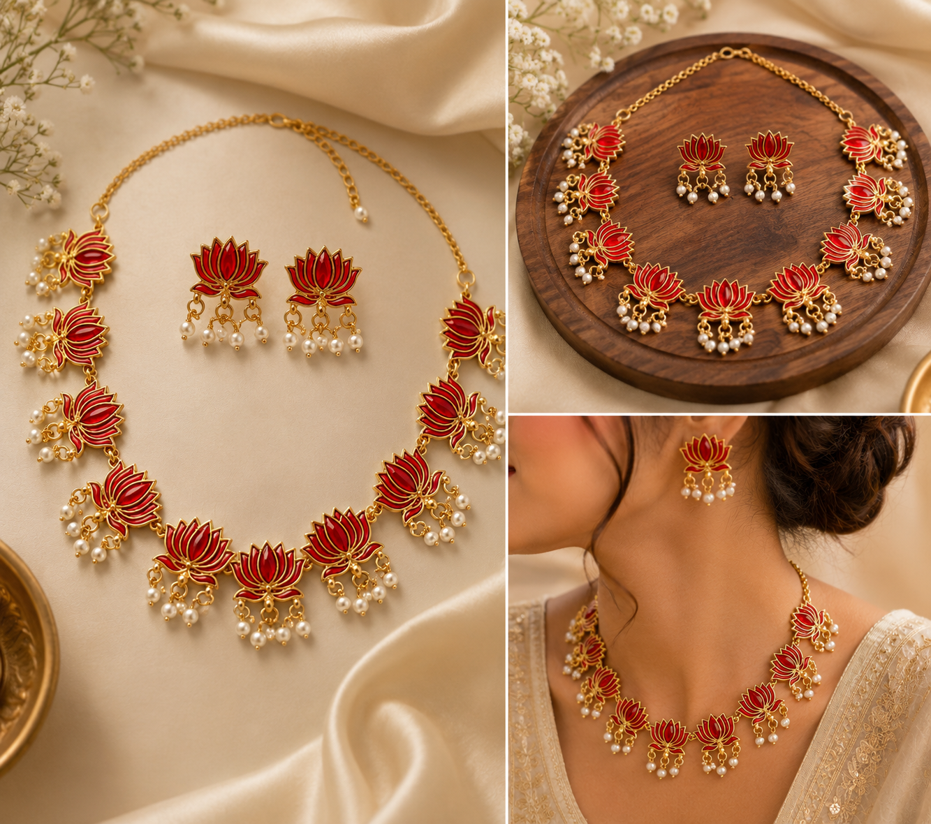 Women's Traditional Lotus Design Necklace Set with Matching Earrings | Gold Plated Red Enamel Temple Jewelry | Pearl Drop Ethnic Jewelry