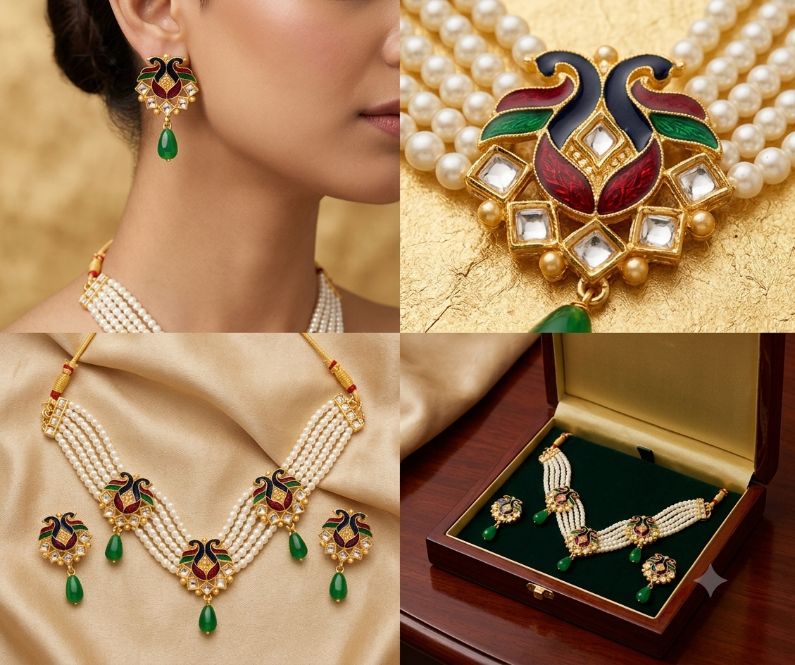Women's Traditional Multi-Layer Pearl Necklace Set with Meenakari Pendant & Matching Earrings | Green Drop Ethnic Bridal Jewelry