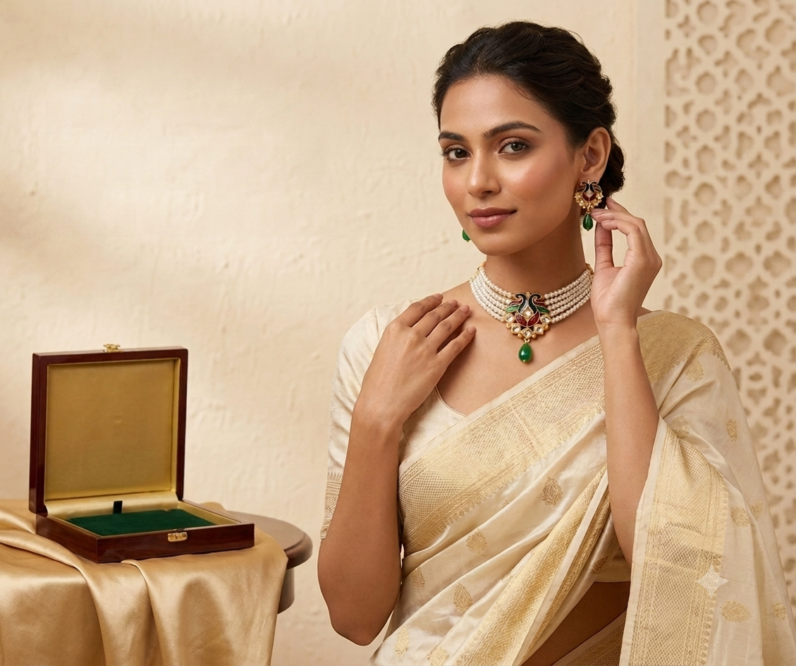Women's Traditional Multi-Layer Pearl Necklace Set with Meenakari Pendant & Matching Earrings | Green Drop Ethnic Bridal Jewelry