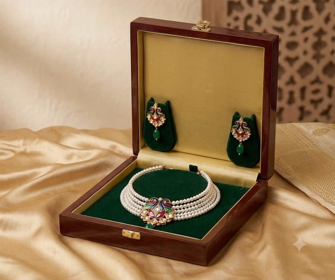 Women's Traditional Multi-Layer Pearl Necklace Set with Meenakari Pendant & Matching Earrings | Green Drop Ethnic Bridal Jewelry