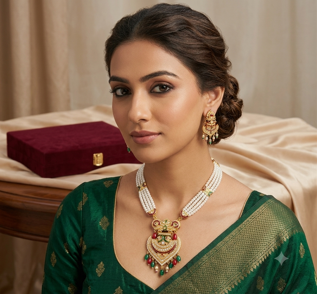 Women's Traditional Temple Design Long Pearl Necklace Set with Matching Jhumka Earrings | Gold Plated Bridal Ethnic Jewelry