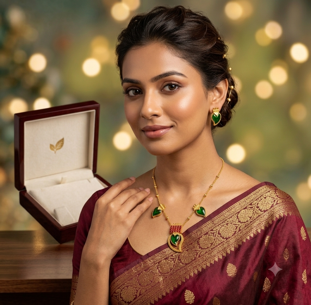 Women's Elegant Green Leaf Pendant Necklace Set with Matching Stud Earrings | Gold Plated Minimalist Fashion Jewelry