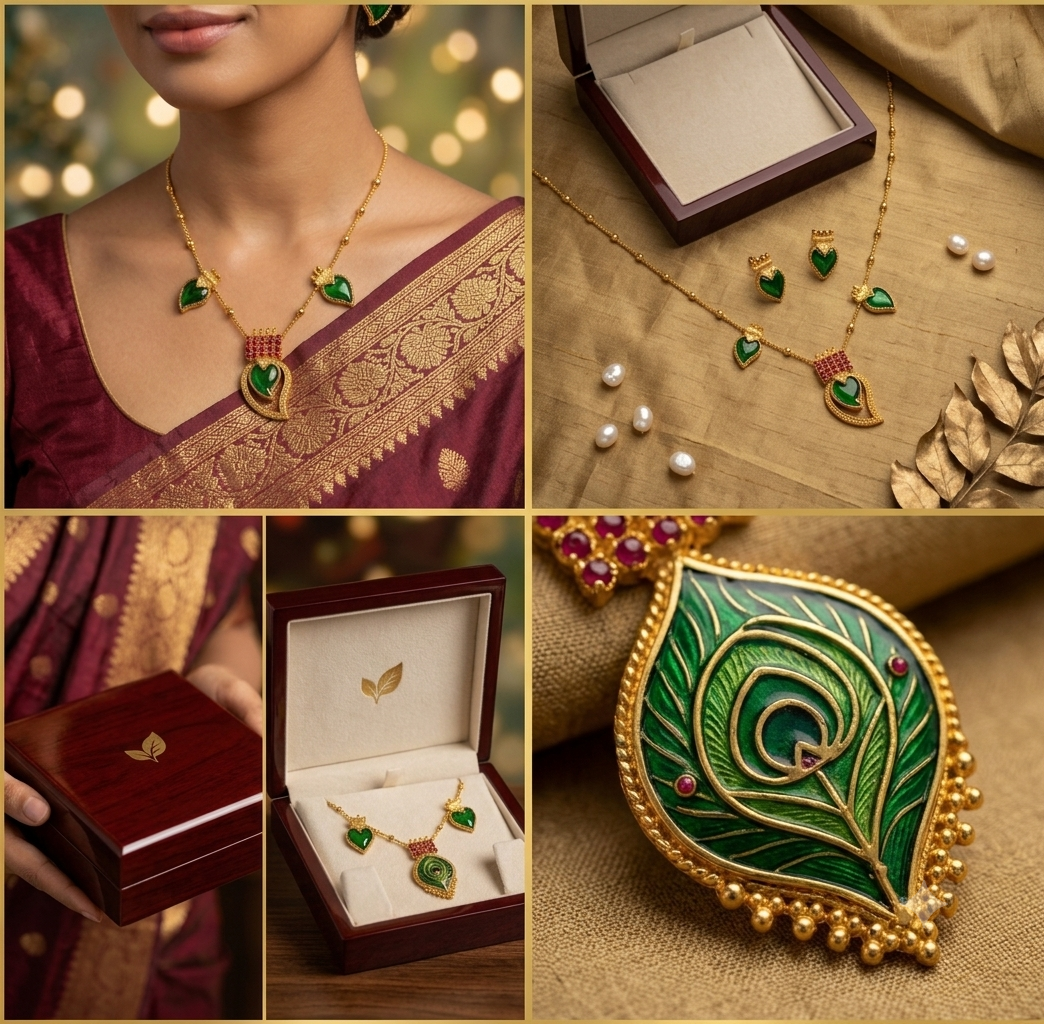 Women's Elegant Green Leaf Pendant Necklace Set with Matching Stud Earrings | Gold Plated Minimalist Fashion Jewelry