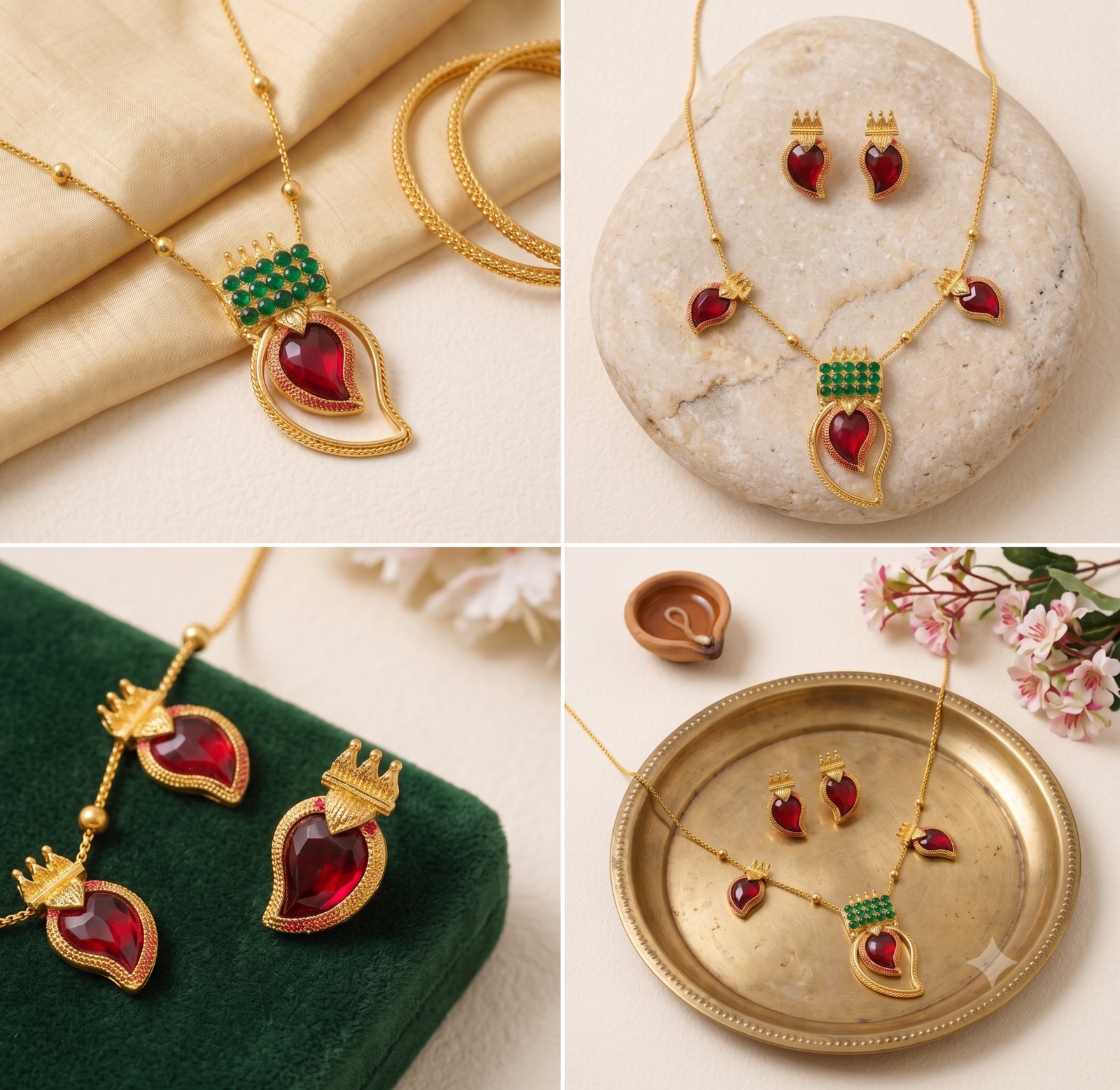 Women's Elegant Red Heart Pendant Necklace Set with Matching Stud Earrings | Gold Plated Minimalist Fashion Jewelry