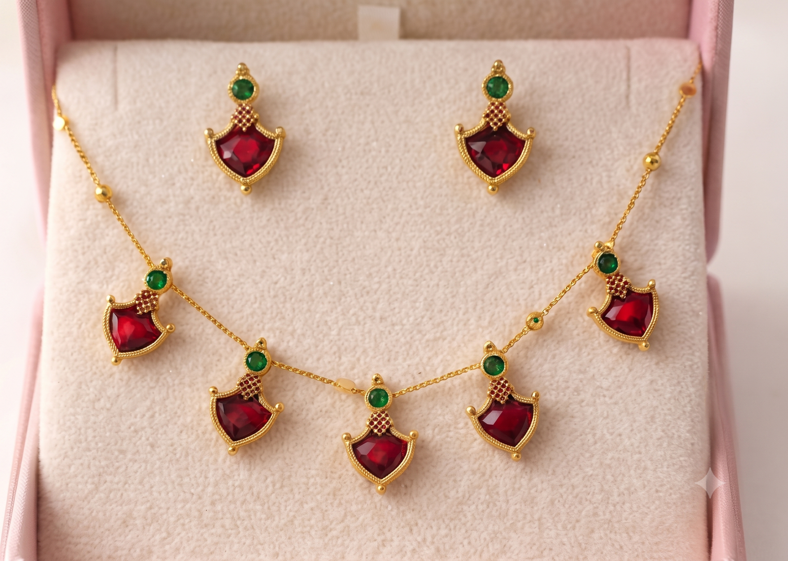 Women's Elegant Ruby Red Stone Necklace Set with Matching Stud Earrings | Gold Plated Minimalist Party Wear Jewelry