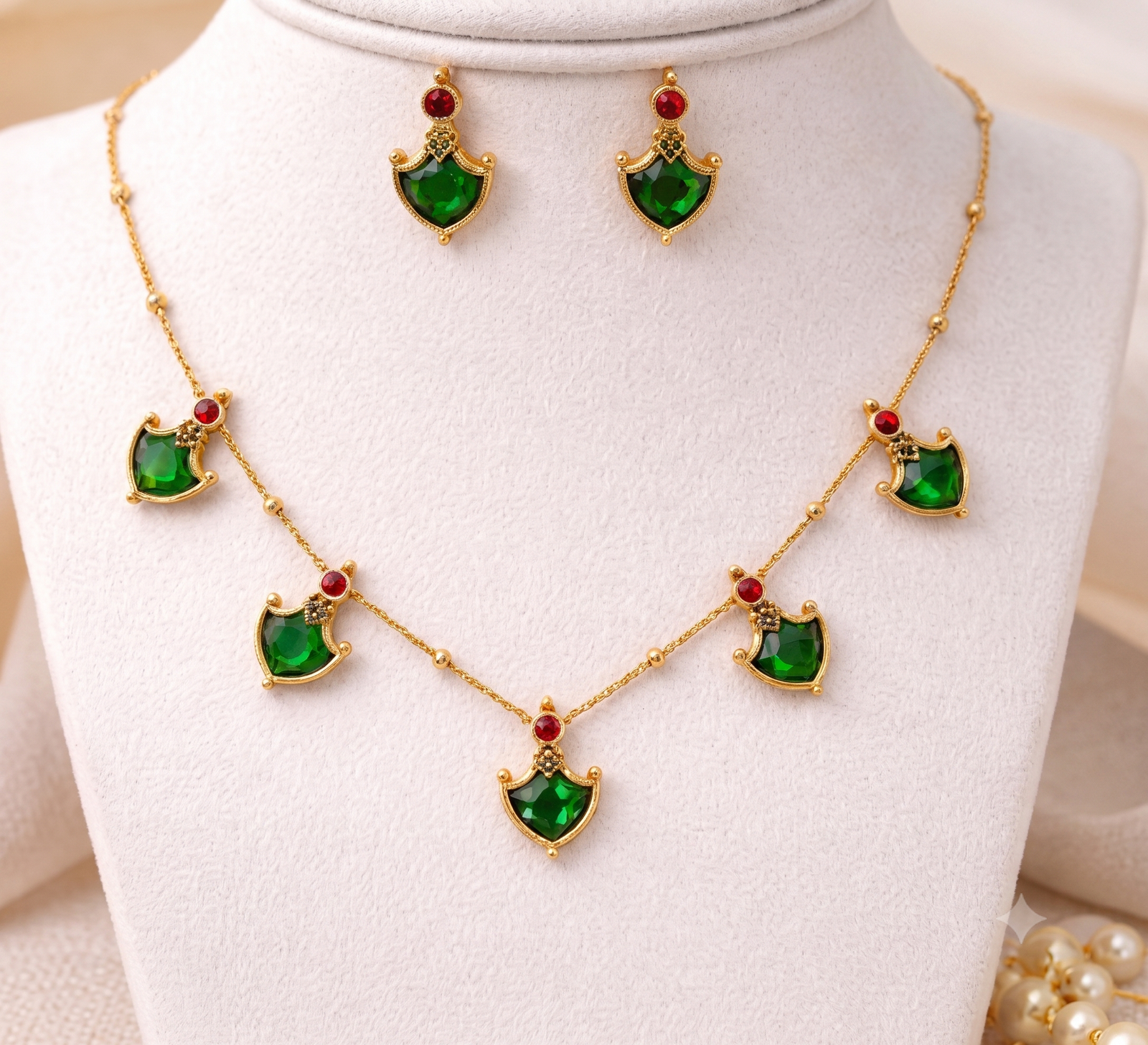 Women's Elegant Green Stone Necklace Set with Matching Stud Earrings | Gold Plated Minimalist Daily Wear Jewelry