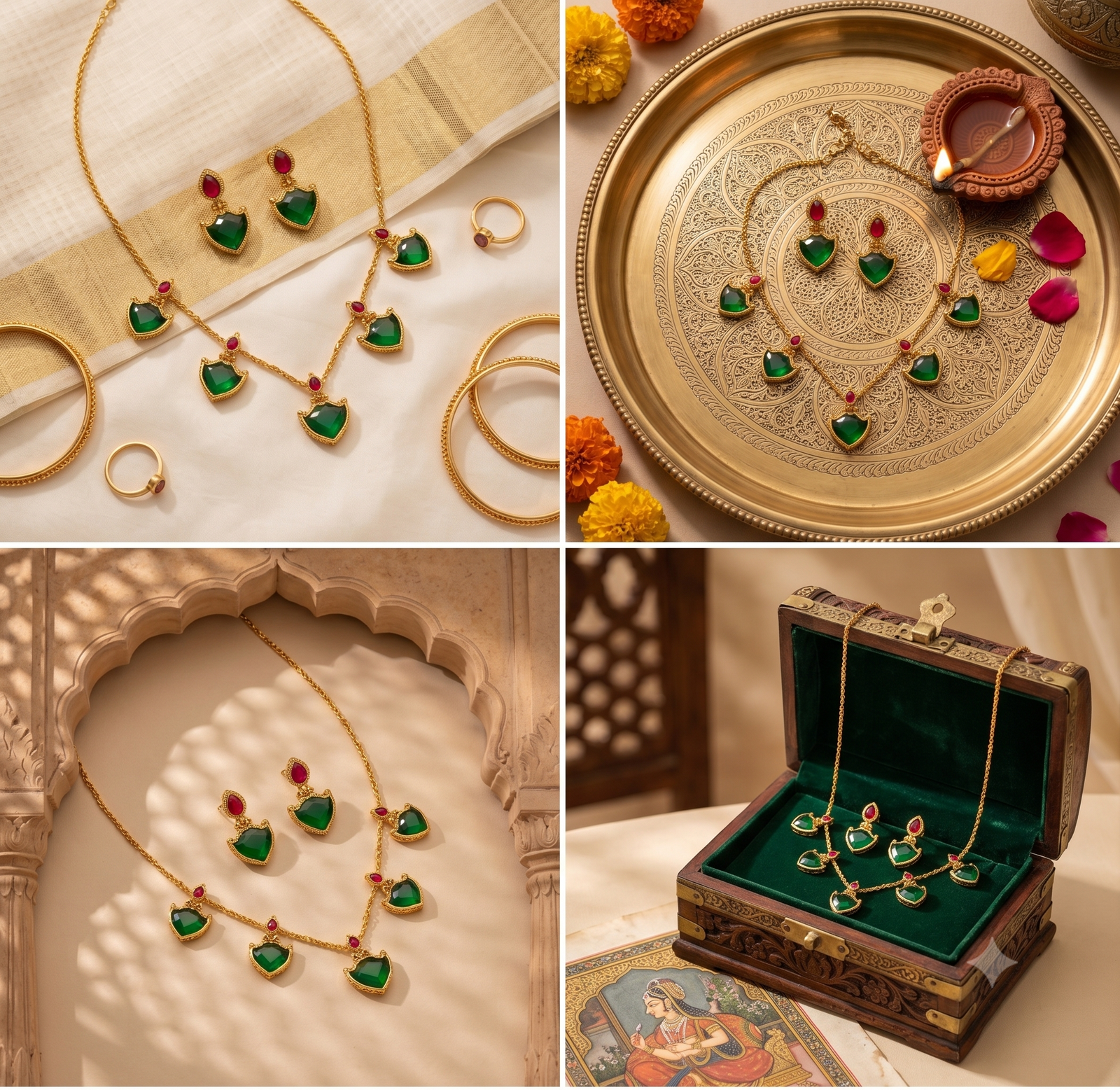 Women's Elegant Green Stone Necklace Set with Matching Stud Earrings | Gold Plated Minimalist Daily Wear Jewelry
